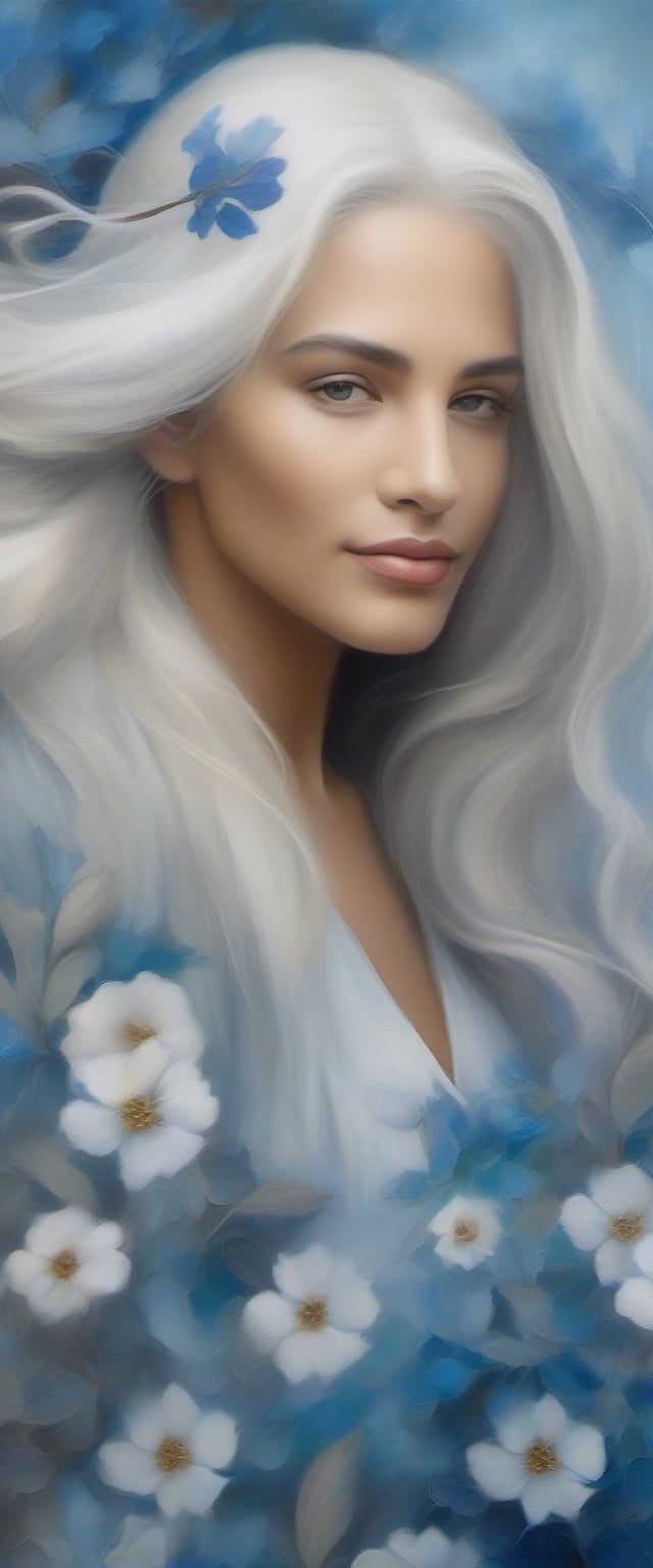 Create a portrait of a woman with calm and serene mood with her long golden white hair following in the wind, she is surrounded by numerous flowers and leaves painted in different shades of blue, creating a serene and mystical atmosphere, the image is primarily composed of various shades of blue, white, and grey, the flowers appear to be translucent and ethereal, with an impression of an old, worn canvas, adding realism to the artwork. adding to the dreamlike quality of the artwork.