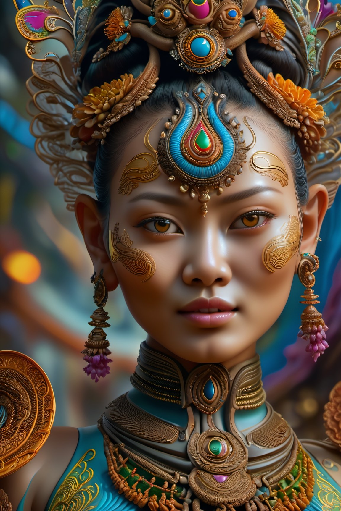 (best quality,highres:1.2), ultra-detailed, realistic, professional, surreal, psychedelic, highly detailed digital painting, mid shot, ancient thai dancer, face, detailed eyes, detailed lips, intricate, elegant, lithe, smooth, sharp focus, ArtStation, concept art, illustration, colourful, vibrant, dynamic lighting