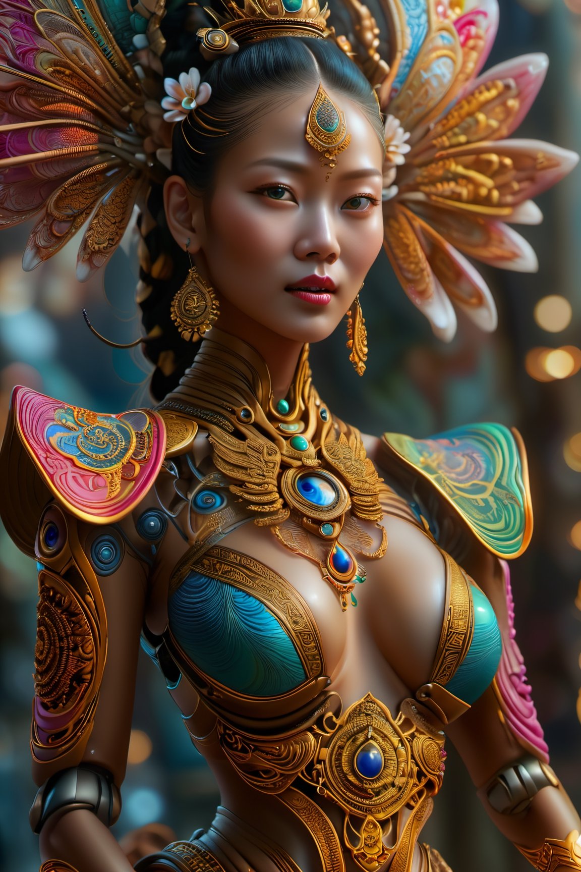 (best quality,highres:1.2), ultra-detailed, realistic, professional, surreal, psychedelic, highly detailed digital painting, mid shot, ancient Thai dancer, face, detailed eyes, detailed lips, intricate, elegant, lithe, smooth, sharp focus, ArtStation, concept art, illustration, colourful, vibrant, dynamic lighting