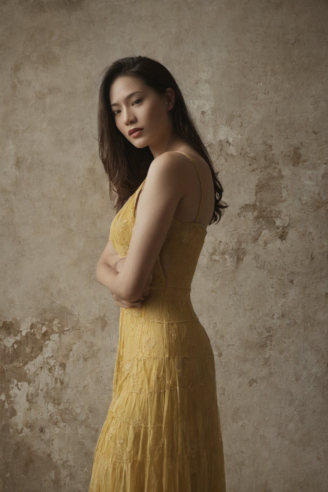 Create a long shot of a woman in a yellow dress standing against a textured wall. The individual is wearing an elegant, yellow dress with intricate designs. The dress has a deep V-neckline and thin straps, accentuating the upper body. A textured wall with peeling paint serves as the backdrop, adding an artistic and rustic touch to the image. An antique vase is visible to the right of the individual, complementing the vintage aesthetic of the scene. The lighting casts soft shadows, enhancing the mood and texture of both the dress and background.