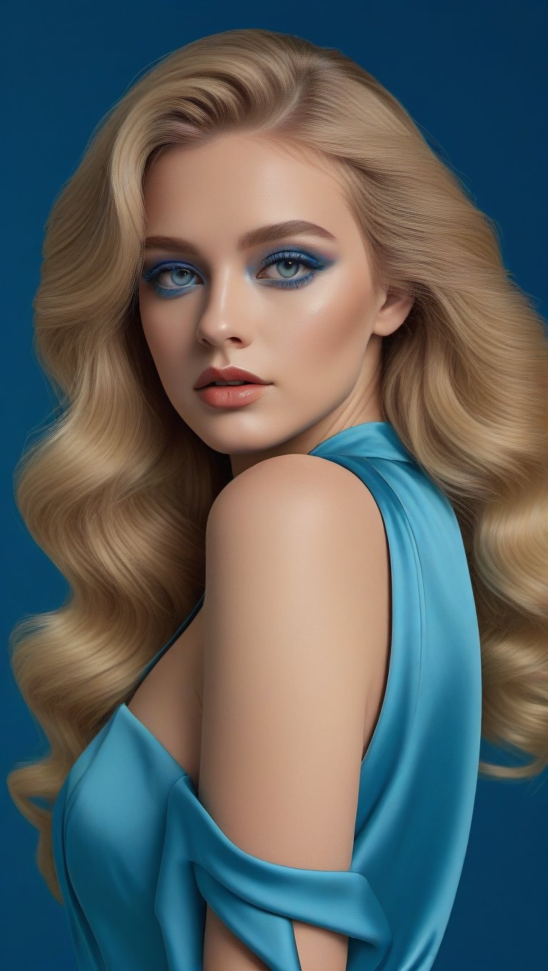 A young Caucasian woman with long blonde hair, wearing bright blue eyeshadow and a blue satin dress, posing against a blue background,<lora:659095807385103906:1.0>