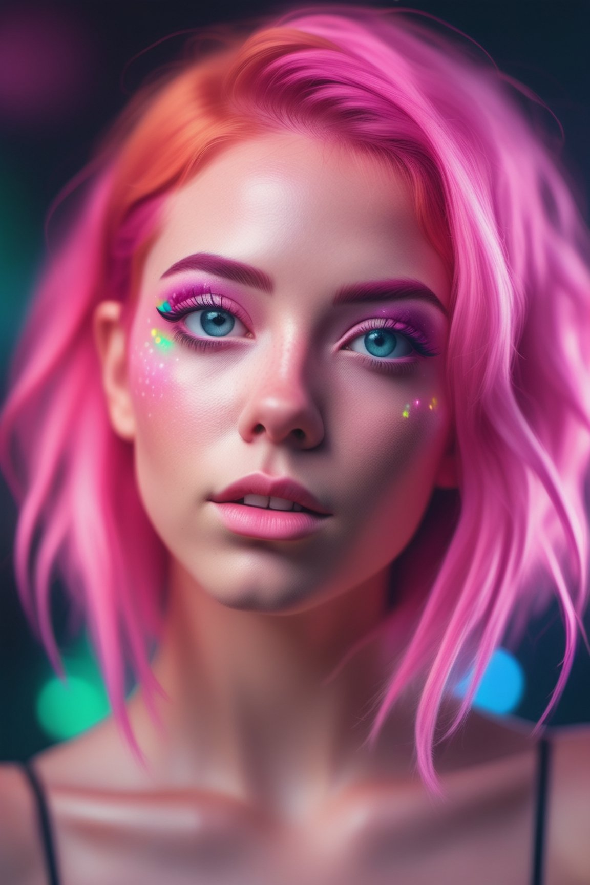 a close up of a woman with pink hair and bright makeup, digital art by Rhea Carmi, shutterstock, digital art, color photograph portrait 4k, soft portrait shot 8 k, color portrait, colorful glow, glowing pink face, 8k artgerm bokeh, cinematic pastel lighting, glowing with colored light, unreal engine : : rave makeup