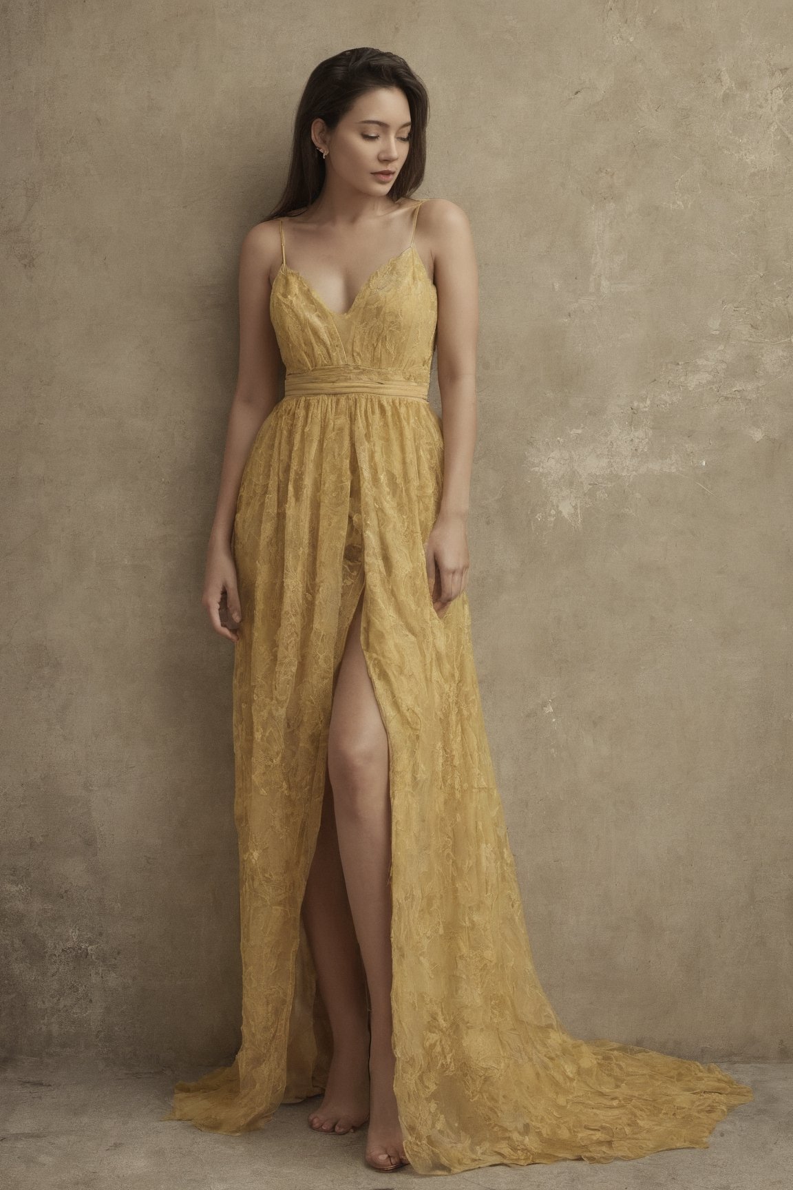 Create a long shot of a woman in a yellow dress standing against a textured wall. The individual is wearing an elegant, yellow dress with intricate designs. The dress has a deep V-neckline and thin straps, accentuating the upper body. A textured wall with peeling paint serves as the backdrop, adding an artistic and rustic touch to the image. An antique vase is visible to the right of the individual, complementing the vintage aesthetic of the scene. The lighting casts soft shadows, enhancing the mood and texture of both the dress and background.