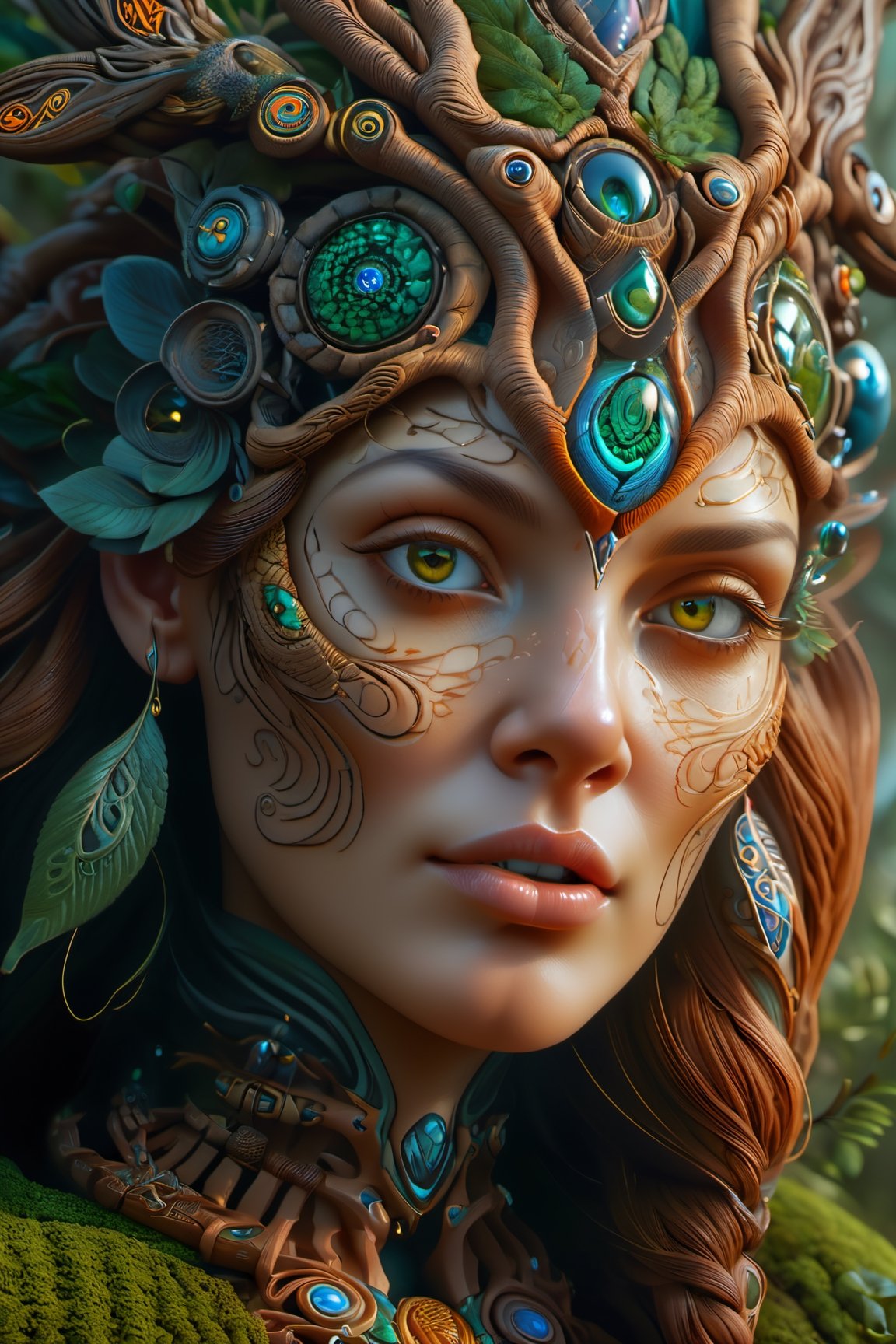 (best quality,highres:1.2), ultra-detailed, realistic, professional, surreal, psychedelic, highly detailed digital painting, mid shot, Celtic female druid, face, detailed eyes, detailed lips, intricate, elegant, lithe, smooth, sharp focus, ArtStation, concept art, illustration, colourful, vibrant, dynamic lighting