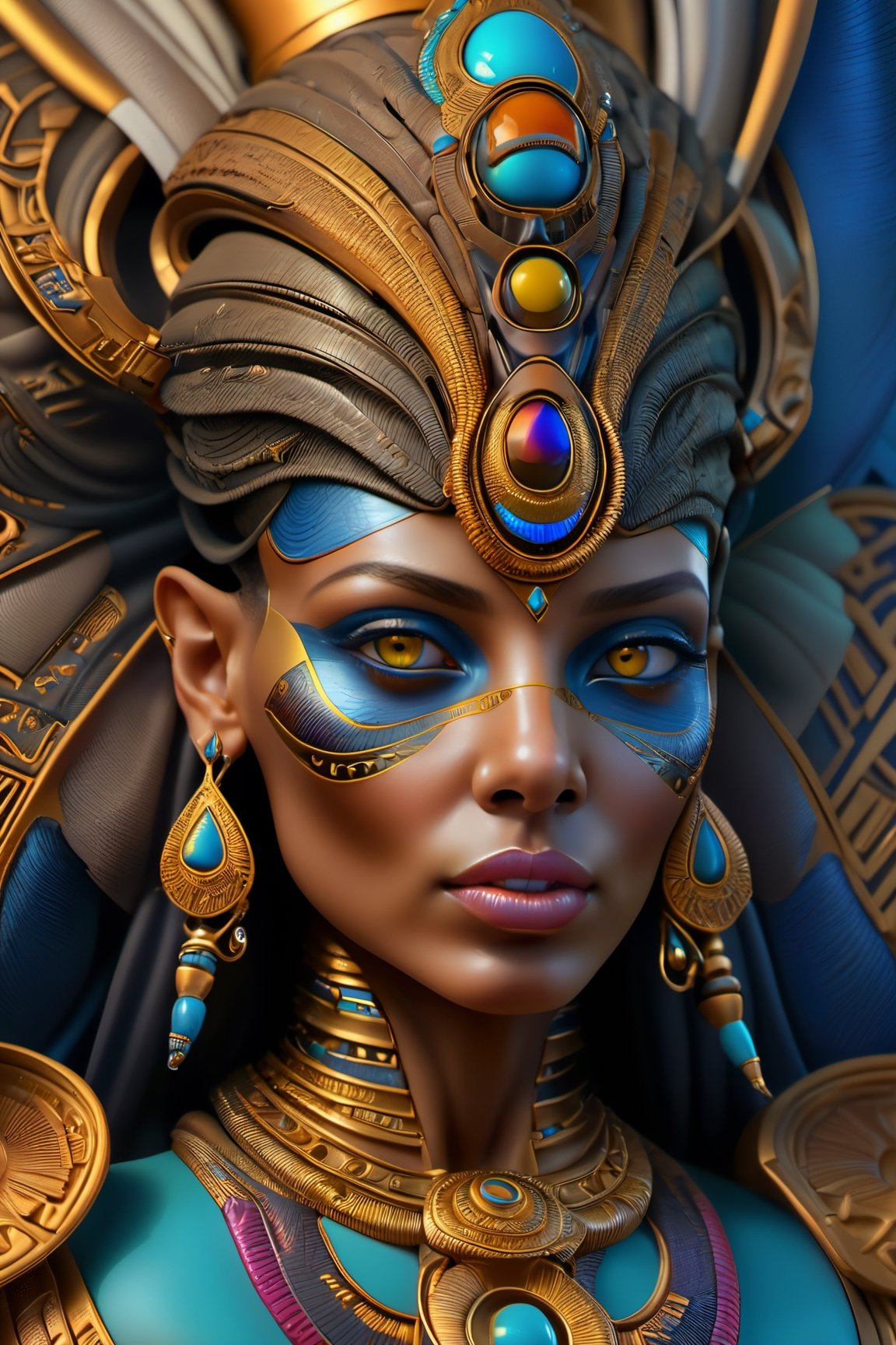 (best quality,highres:1.2), ultra-detailed, realistic, professional, surreal, psychedelic, highly detailed digital painting, mid shot, Egyptian female pharaoh, face, detailed eyes, detailed lips, intricate, elegant, lithe, smooth, sharp focus, ArtStation, concept art, illustration, colourful, vibrant, dynamic lighting