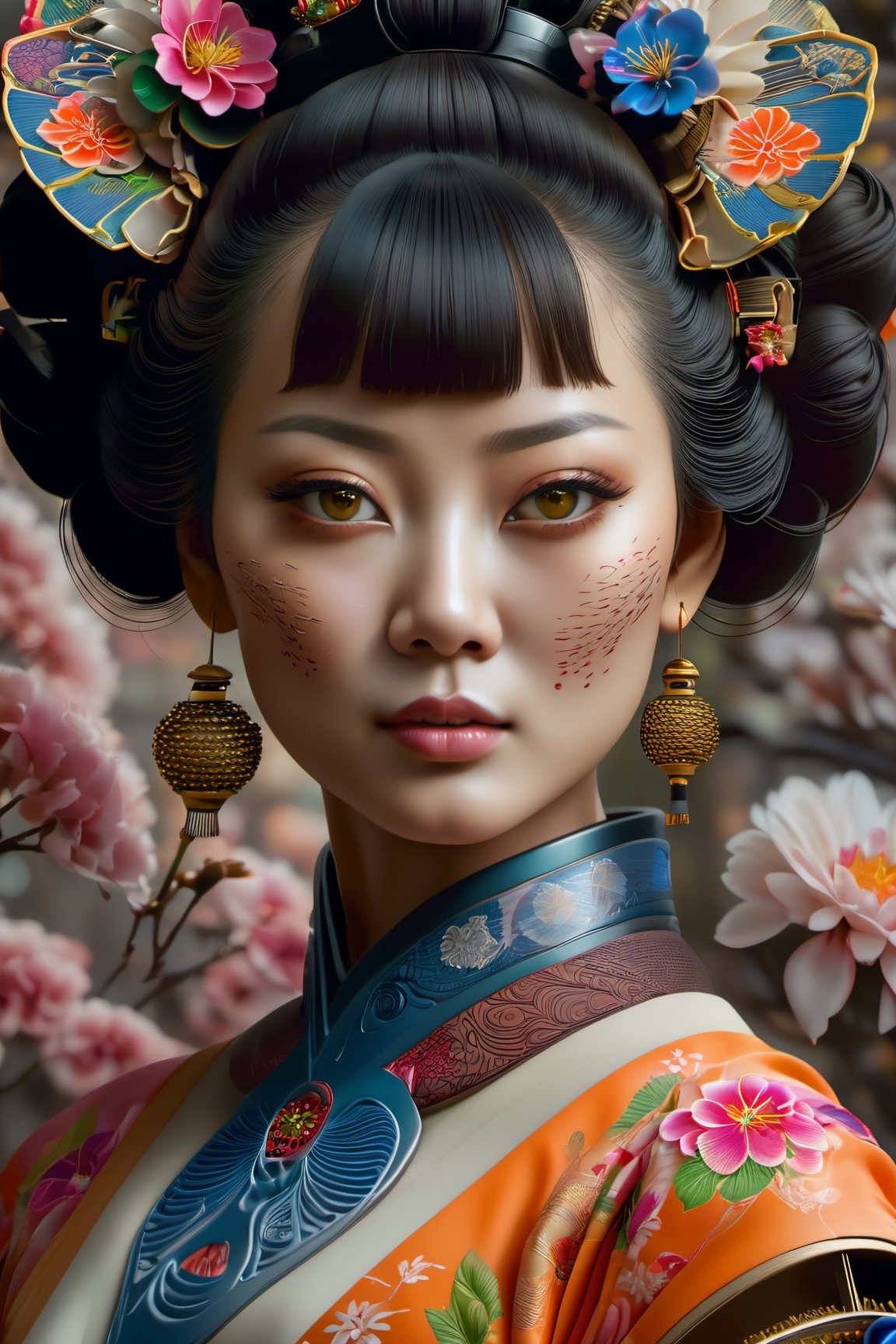 (best quality,highres:1.2), ultra-detailed, realistic, professional, surreal, psychedelic, highly detailed digital painting, mid shot, Japanese geisha, face, detailed eyes, detailed lips, intricate, elegant, lithe, smooth, sharp focus, ArtStation, concept art, illustration, colourful, vibrant, dynamic lighting