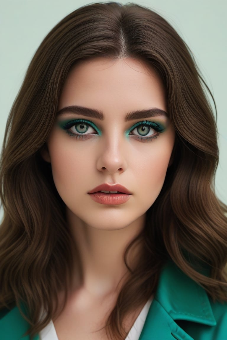 A young Caucasian woman with long wavy brown hair, wearing a green jacket , and bold blue eyeshadow , looking directly at the camera with a serious expression, againts a simple white background,<lora:659095807385103906:1.0>