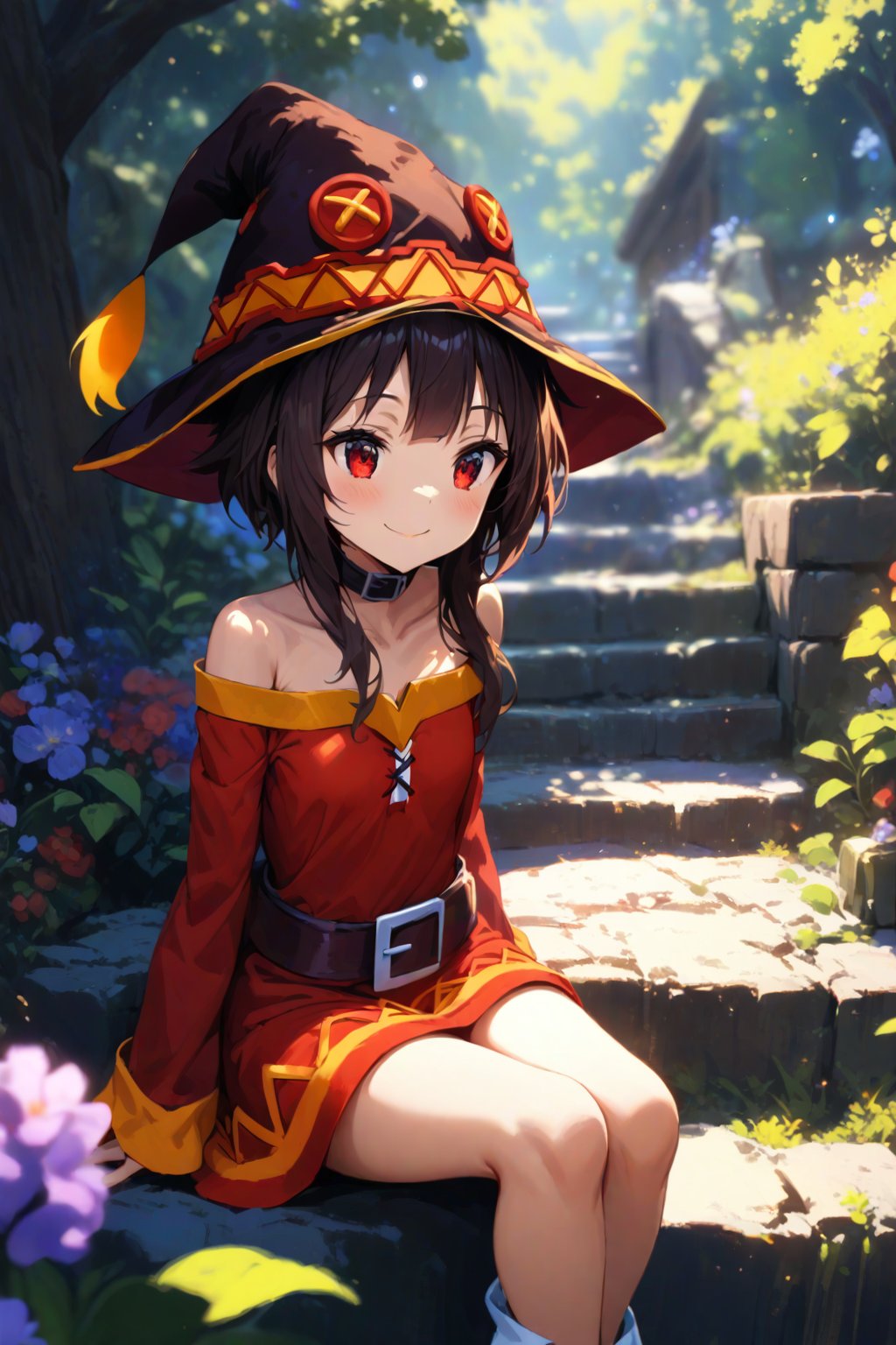 masterpiece,best quality,1girl,megumin,sitting,hat,smile,stair,flowers, sunlight,light particle,blur,more detail xl,nature,scenery,more detail XL