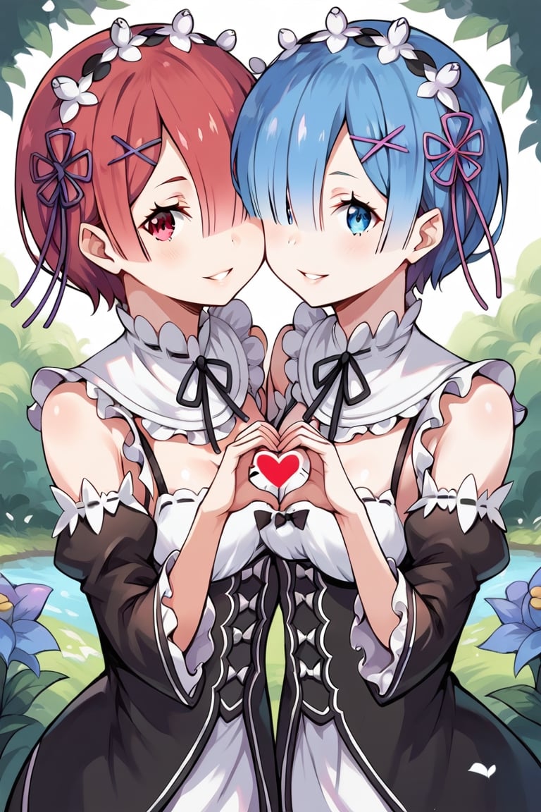 score_9, score_8_up, score_7_up, score_6_up, score_5_up,2girls,multiple girls,hair over one eye ,hearts hands, at garden,2girls,rem (re:zero),blue eyes, blue hair, short hair,smile,parted lips,2girls,ram (re:zero),red hair,red eyes,light smile,hood