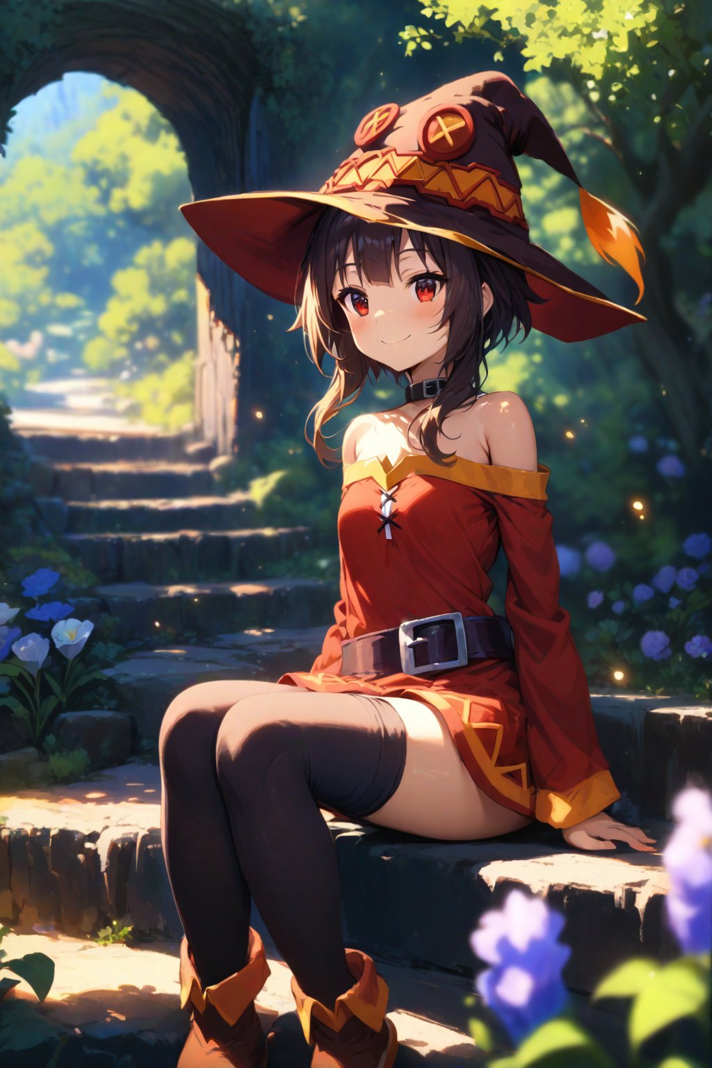 masterpiece,best quality,1girl,megumin,sitting,hat,smile,stair,flowers, sunlight,light particle,blur,more detail xl,nature,scenery,more detail XL