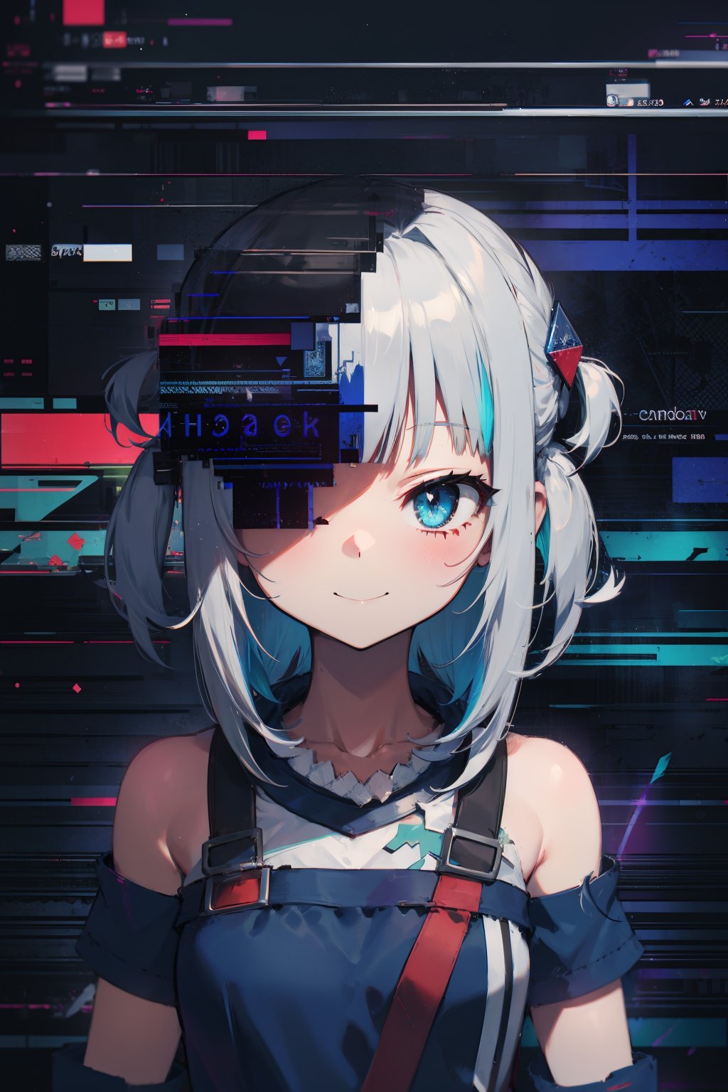 1girl,Glitching, glitch,gawr gura,upper 
 body,smile,,masterpiece, high quality, best quality, highres,