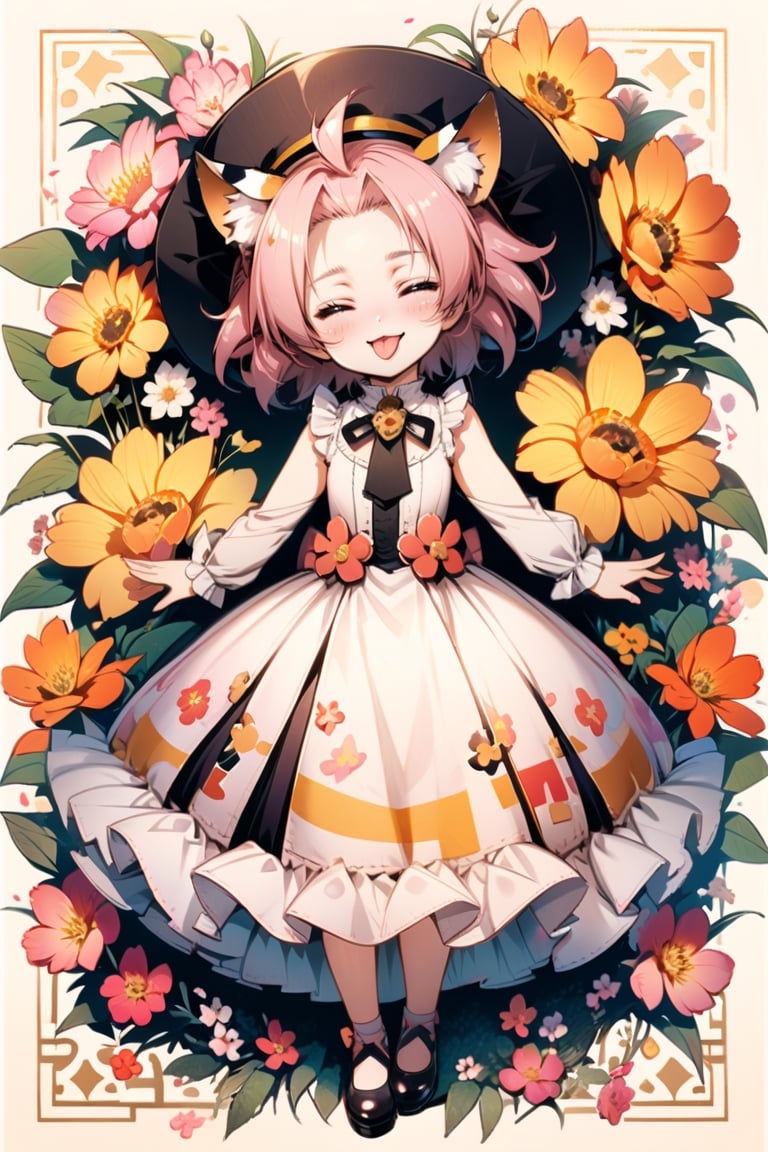 1girl,diona,dress,:3,tongue out,closed eye,flower background,border