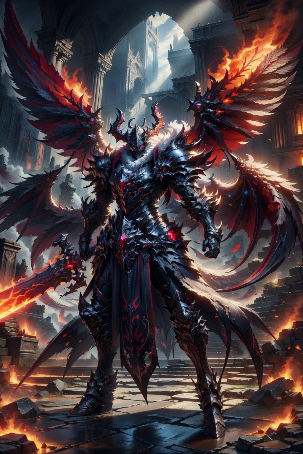 Demon fantasy general,a demon girl with red armour,long hair,tsurime, low wings, head wings, multiple wings,4wings, holding glowing fire red sword, glowing red runes, magic circle, demonic, lighting, glow swirling light, gem, black gemstone, with a dynamic and magical background, masterpiece, best quality, magnificent, celestial demon, ethereal, painterly, epic, majestic, magical, fantasy art, cover art, dreamy, Multi-Layered Textures, HDR, High Dynamic Range, Maximum Clarity And Sharpness, Multi-Layered Textures, 