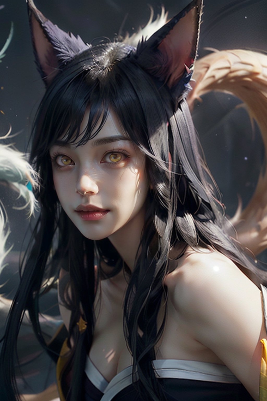 ah1,Ahri,fennec fox,fox tail,5_figners,black_hair,yellow eyes ,lure