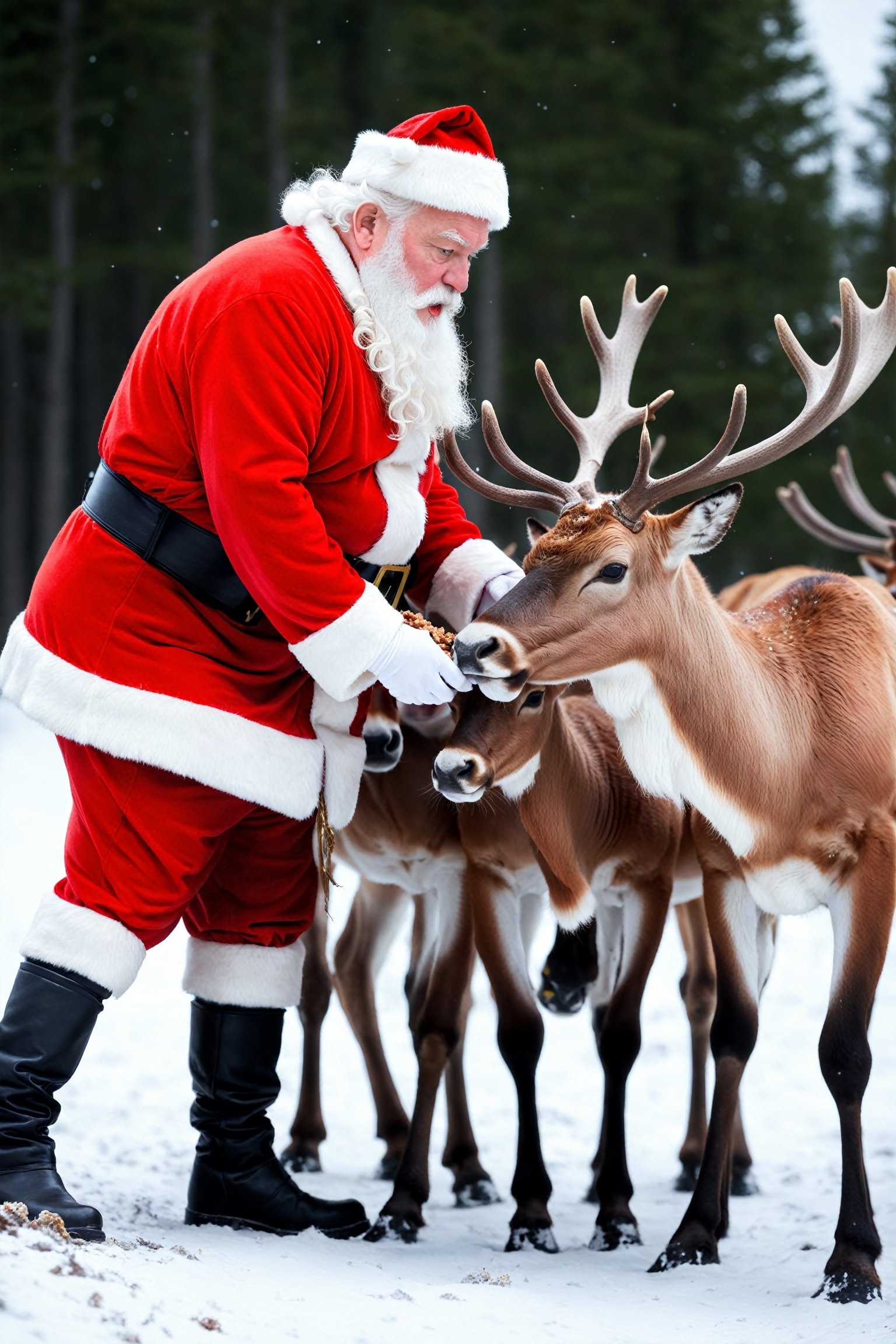Santa Claus feeding reindeers