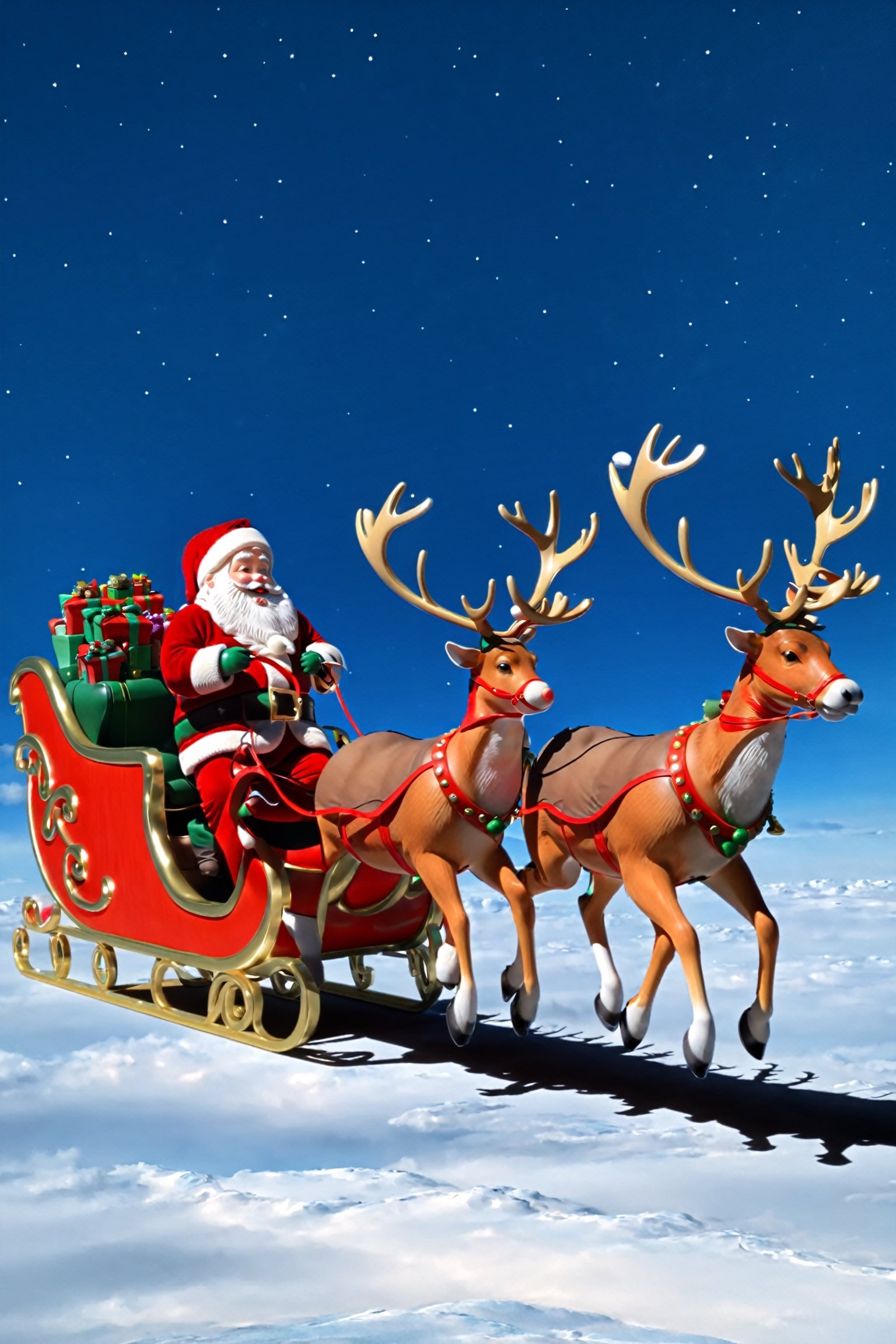 Santa Claus,ridding a santa's reindeer sligh,flying