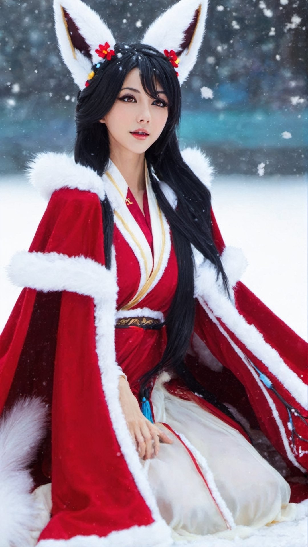 league_of_legends,ah1,Ahri,fennec fox,fox tail,5_figners,black_hair,yellow eyes ,lure,league_of_legends_ahri,large breasts, ah1,black_fox_ears,falling_snow,winterhanfu,photo r3al,more detail XL,perfect_fingers