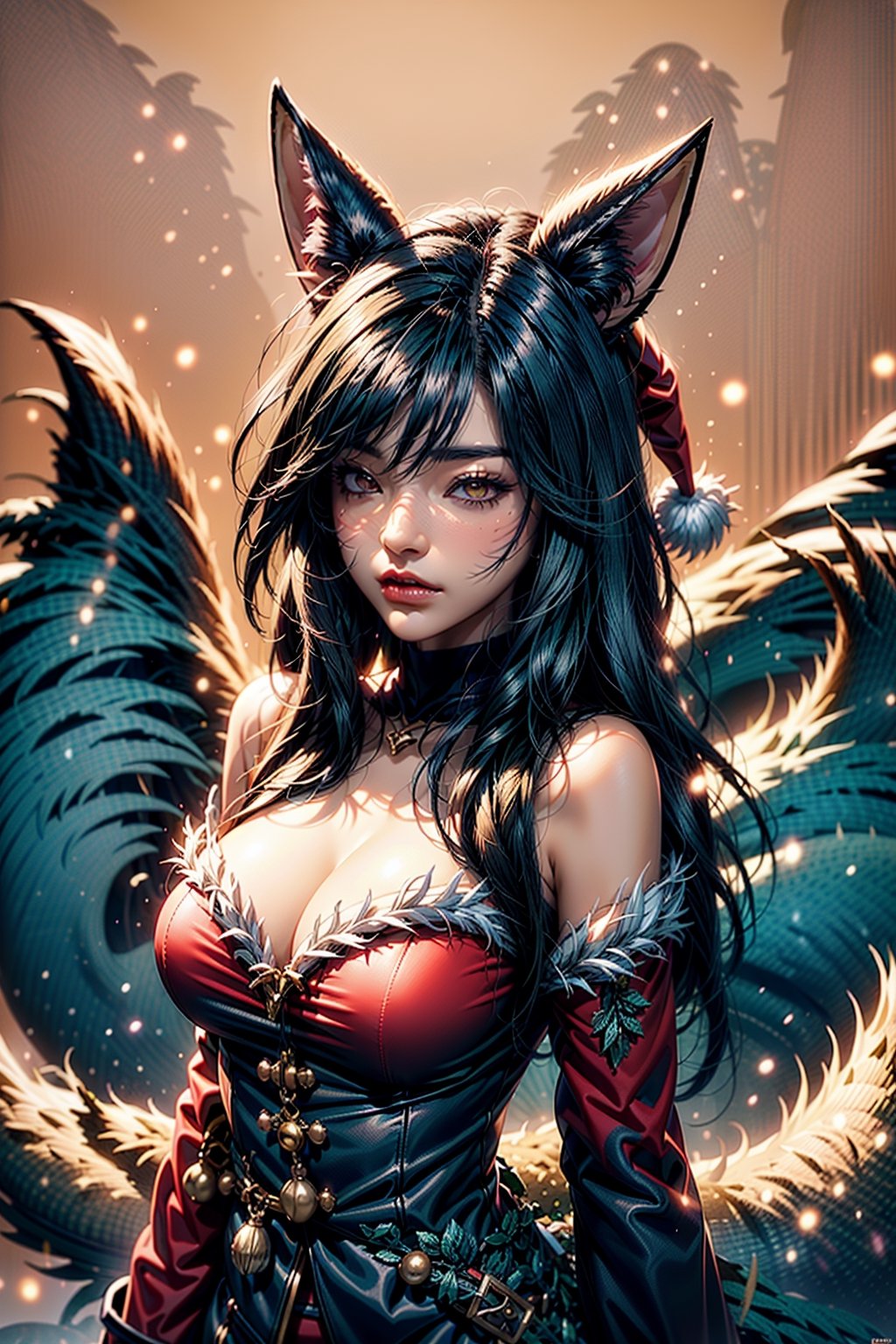 ah1,Ahri,fennec fox,fox tail,5_figners,black_hair,yellow eyes ,lure,league_of_legends_ahri,large breasts, ah1,black_fox_ears,wear_Santa Suit,Santa hat,Santa Overlords Style, facial mark,(((multiple tails