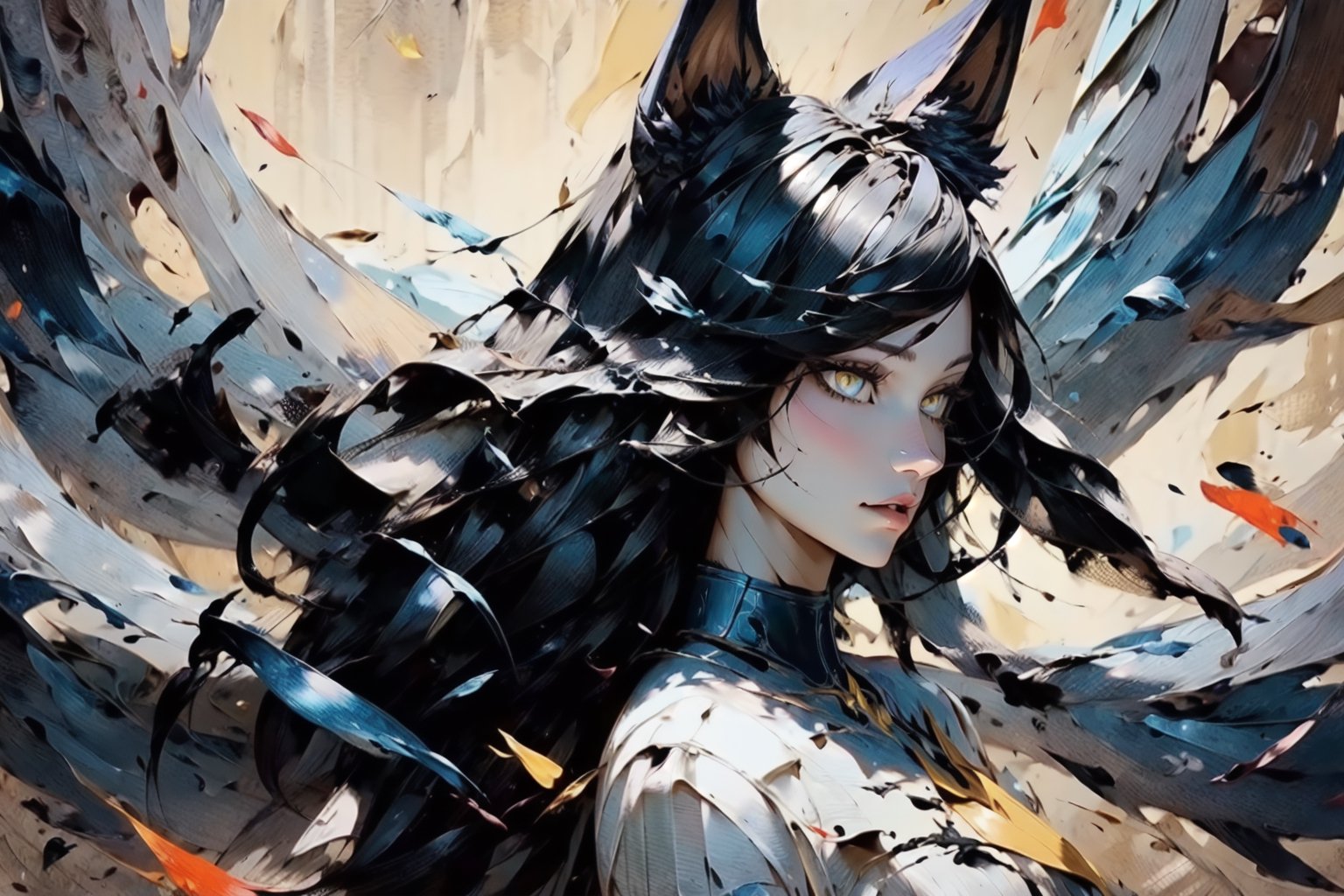 fox_tail,black-hair,5_figners,yellow_eyes,fox_girl,fox_ears,Ahri,midjourney,upper_body,1 girl,More Detail,perfect light,CJ painting