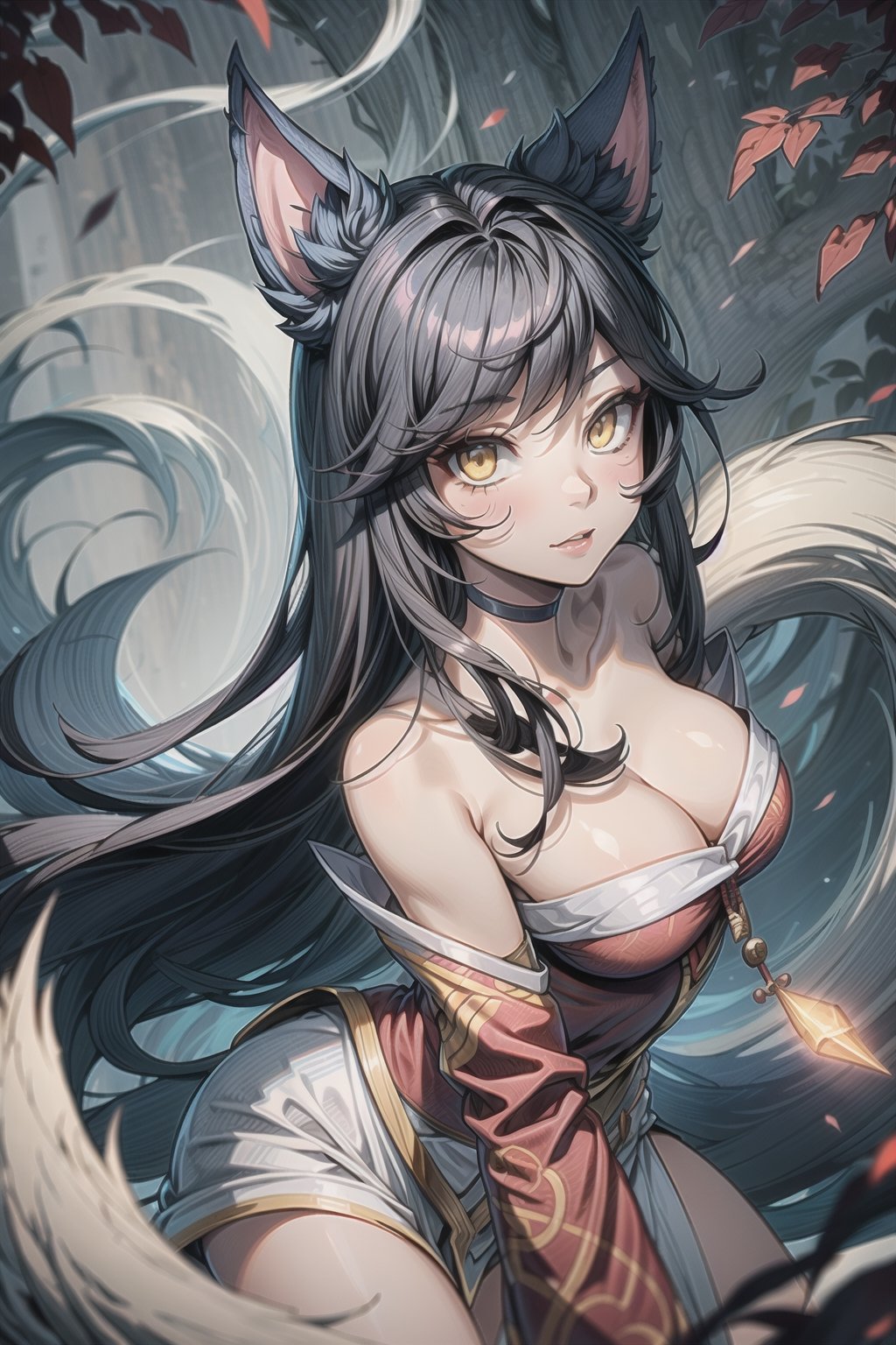 ah1,Ahri,fennec fox,fox tail,5_figners,black_hair,yellow eyes ,lure,league_of_legends_ahri,large breasts, ah1,black_fox_ears,perfect