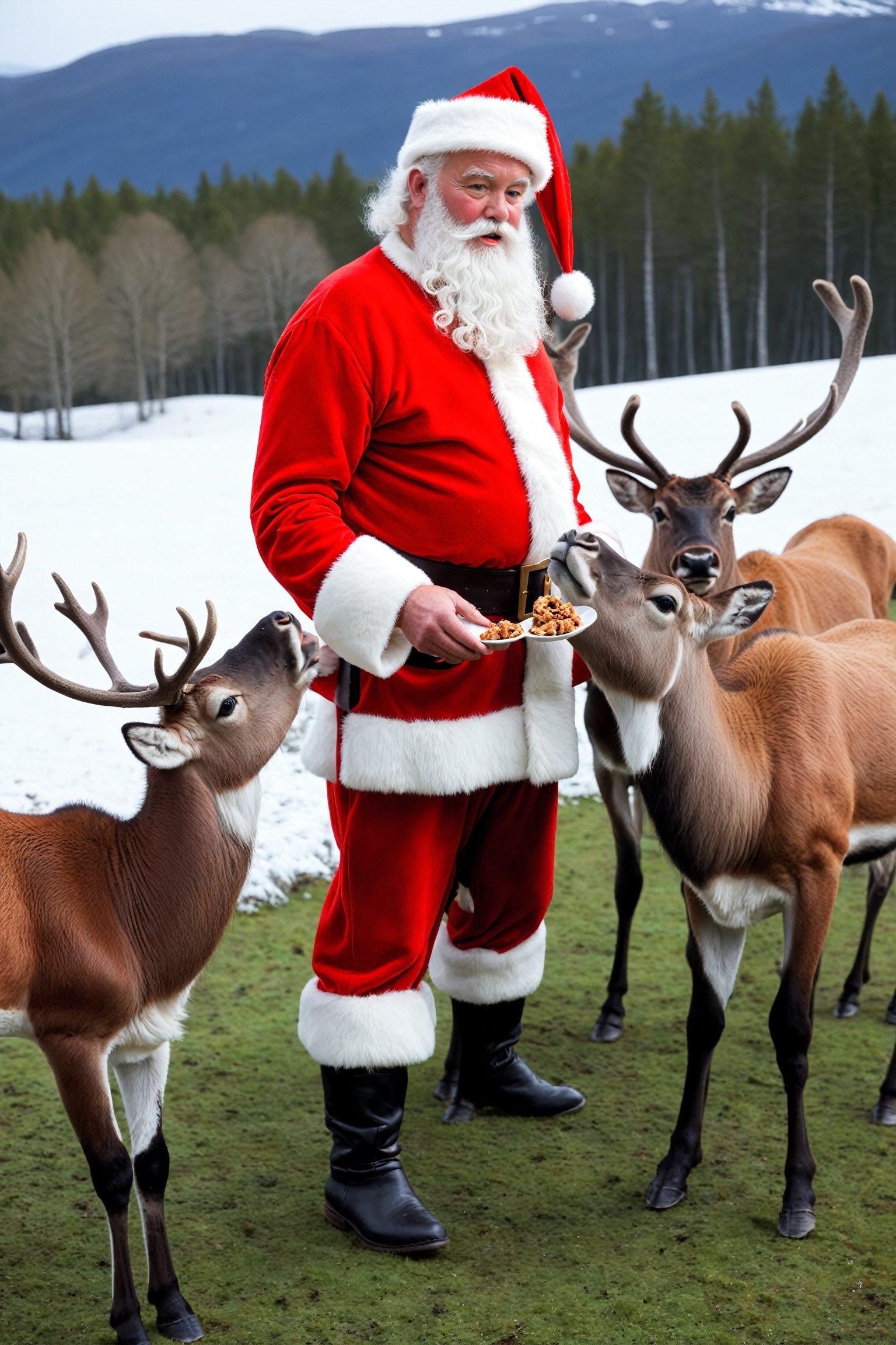 Santa Claus feeding reindeers