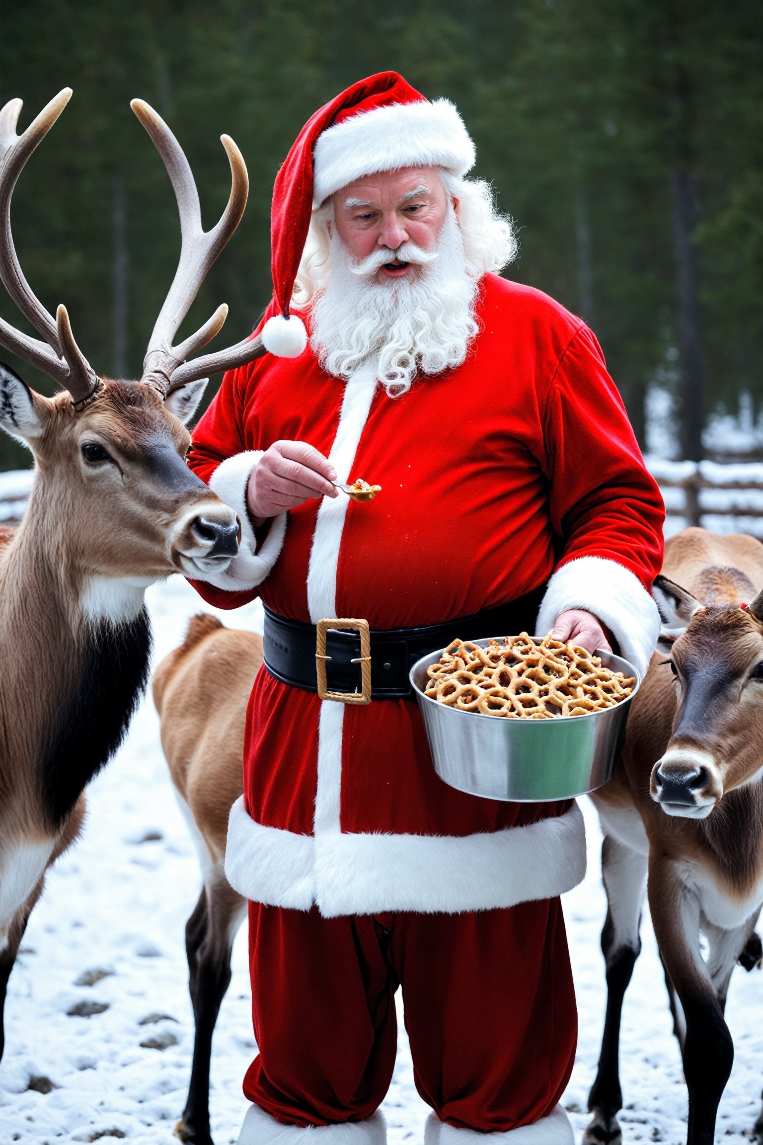 Santa Claus feeding reindeers