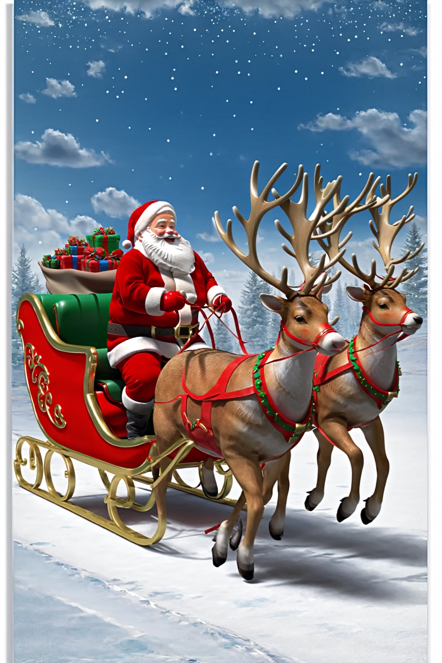 Santa Claus,ridding a santa's reindeer sligh,flying