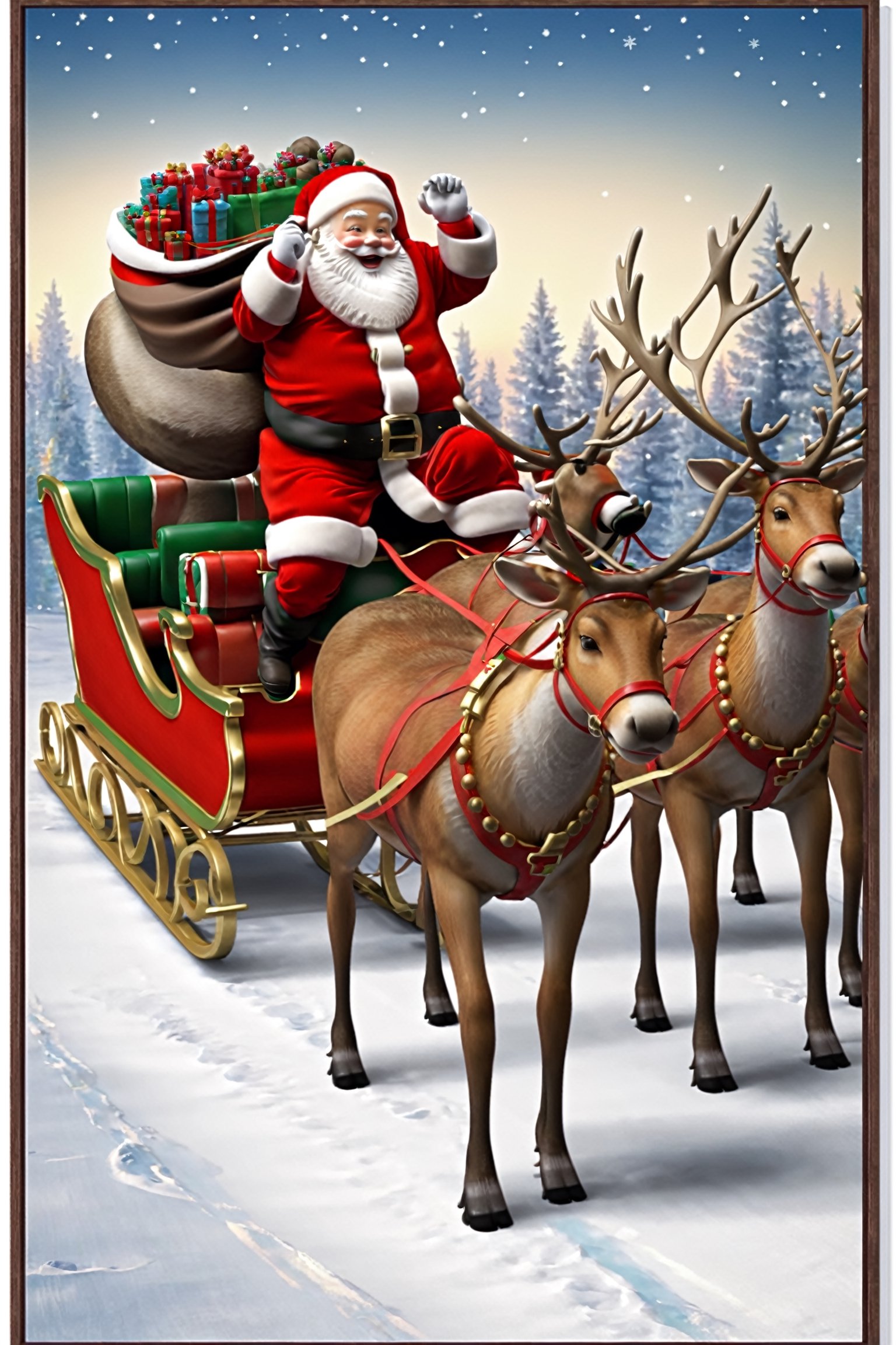 Santa Claus,ridding a santa's reindeer sligh,flying