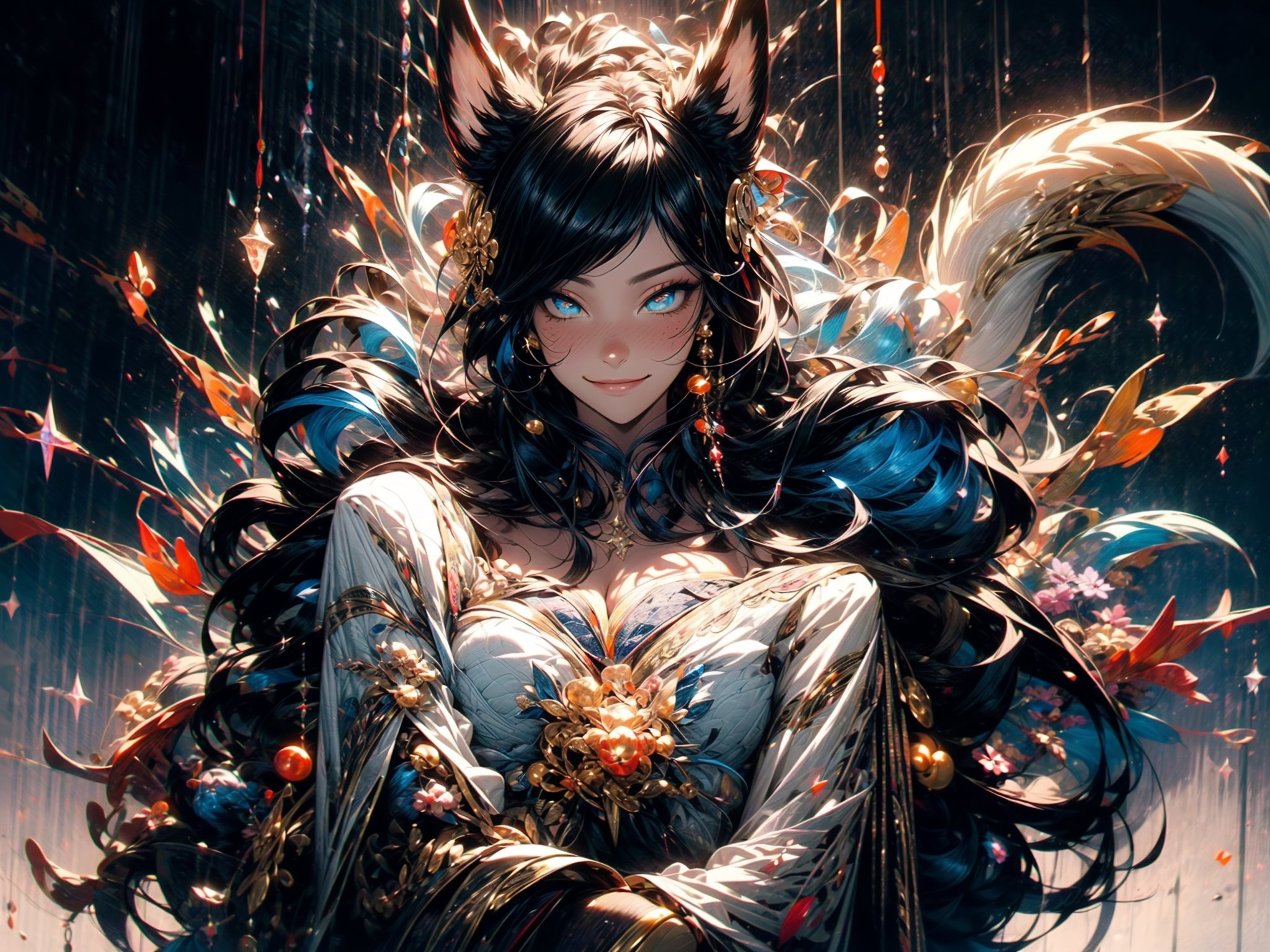 fox_tail,black-hair,5_figners,yellow_eyes,fox_girl,fox_ears,Ahri,midjourney,upper_body,sitting on a throne like a queen,smirk,fantasy00d,More Detail