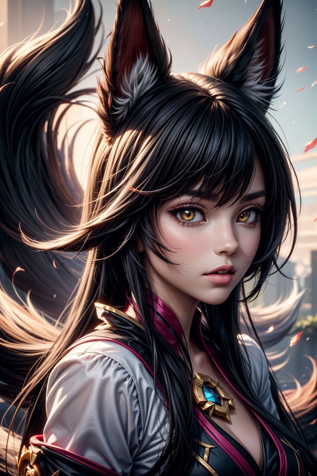 fox_tail,black-hair,5_figners,yellow_eyes,fox_girl,fox_ears,Ahri,midjourney,upper_body,More Detail,league_of_legends_ahri