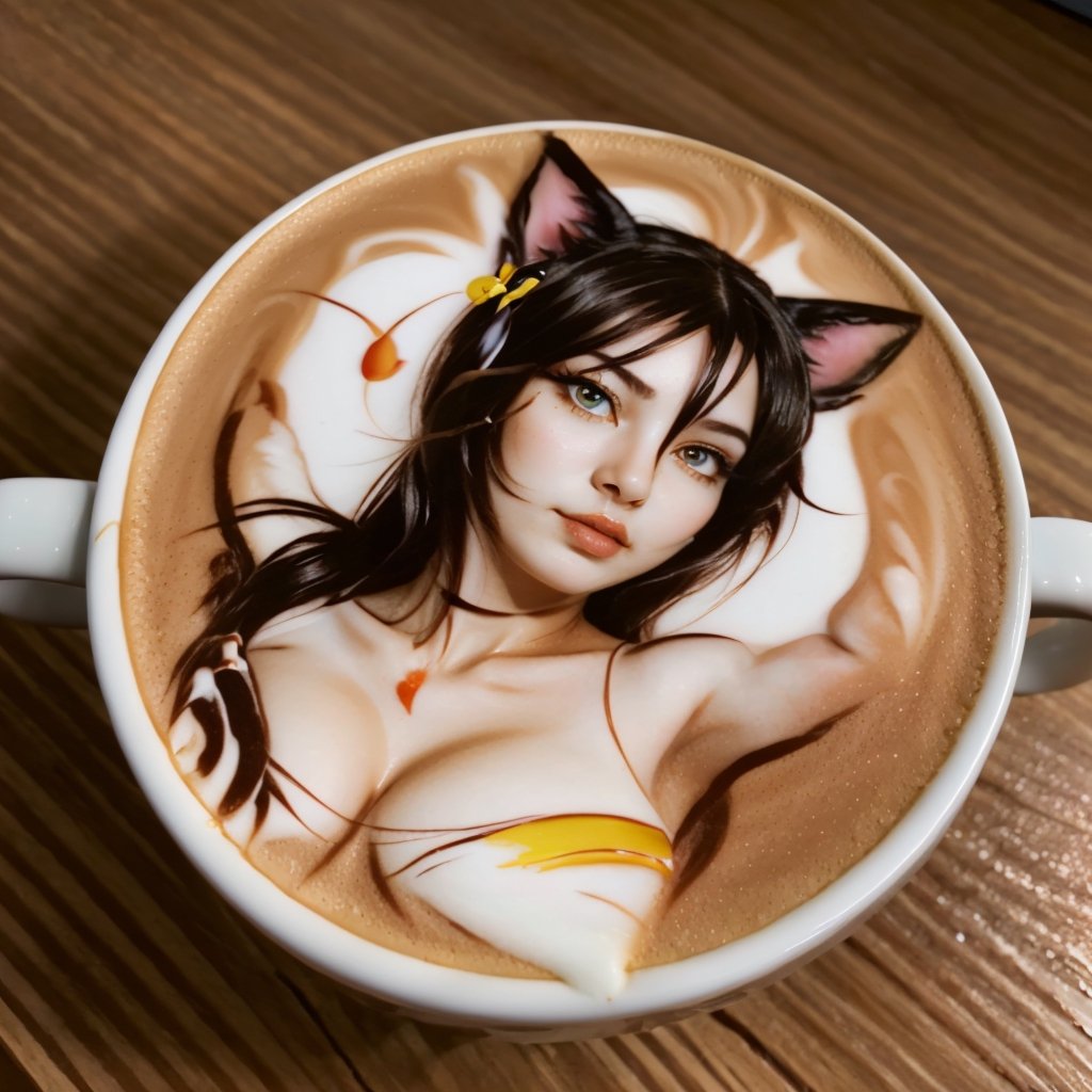 Highly detailed, High Quality, Masterpiece, beautiful, coffee, latte, LatteArt, latte art, food art, , 1girl, YaeMikoFox, no humans, ,league_of_legends_ahri,Ahri has fox_tail,Ahri has black-hair,5_figners,Ahri has yellow_eyes,Ahri is a fox_girl,Ahri has fox_ears,Ahri has big_breasts