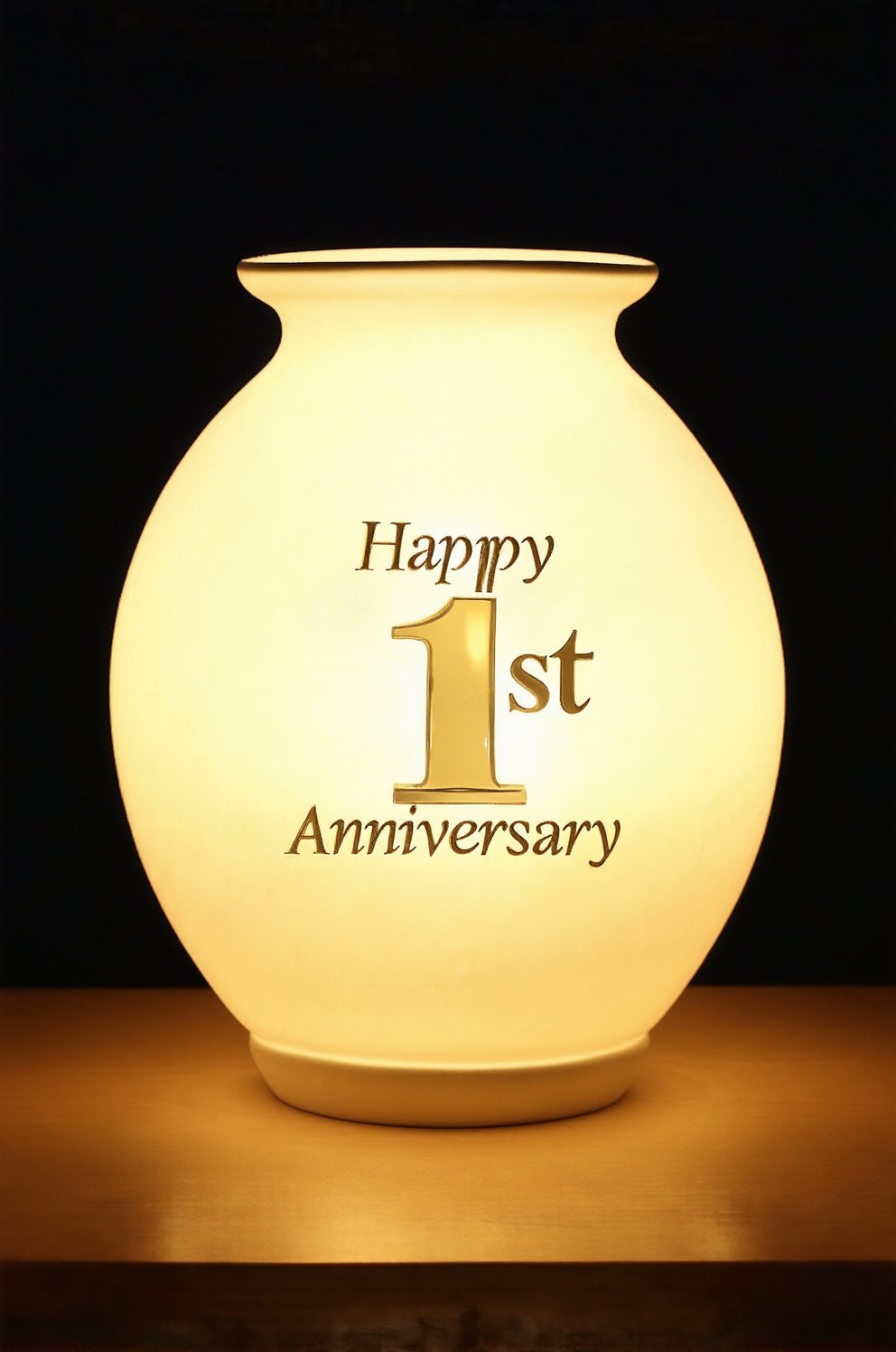 perfect lighting, perfect composition, perfect atmosphere BREAK Beautiful magic vase with "Happy 1st Anniversary" motif, best quality, perfect fingers, highres, absurdres, ultra detailed,perfect hand,