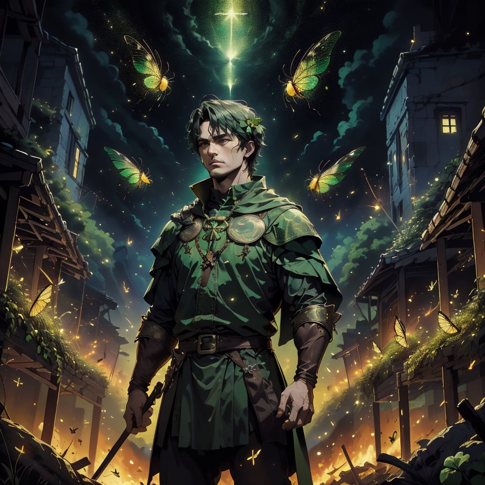 Masterpiece, best quality, detailed, hi-res
BREAK 
An epic fantasy that encompasses the entirety of Celtic mythology, and is a fitting tribute to St. Patrick's Day. Shamrock. Movie poster.
BREAK ,nodf_lora,firefliesfireflies