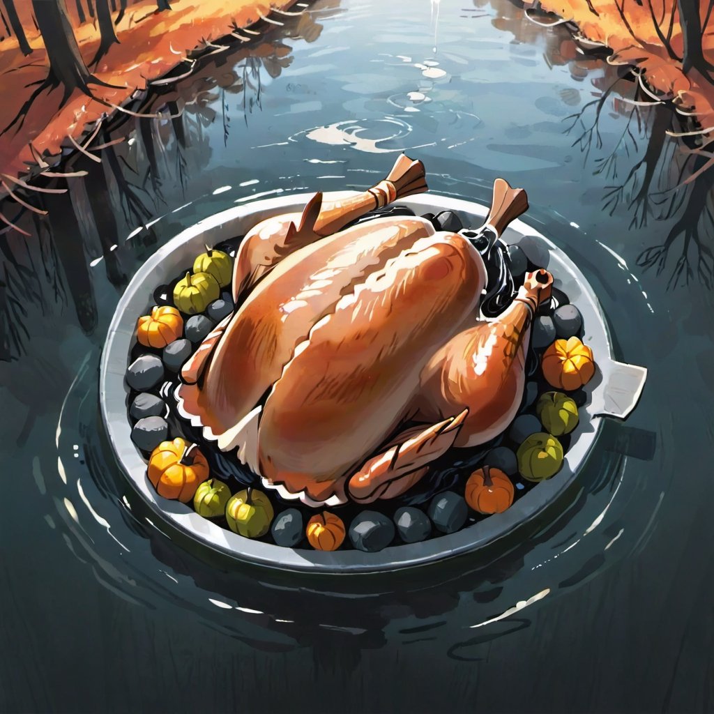 A whole roasted Thanksgiving turkey flows down the Black River like coals. from above