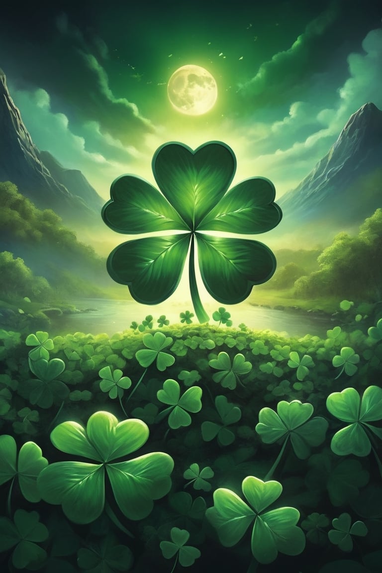 Masterpiece, best quality, detailed, hi-res
BREAK 
An epic fantasy that encompasses the entirety of Celtic mythology, and is a fitting tribute to St. Patrick's Day. Shamrock. (clover leaf), Movie poster.
BREAK ,nodf_lora,firefliesfireflies,night sky