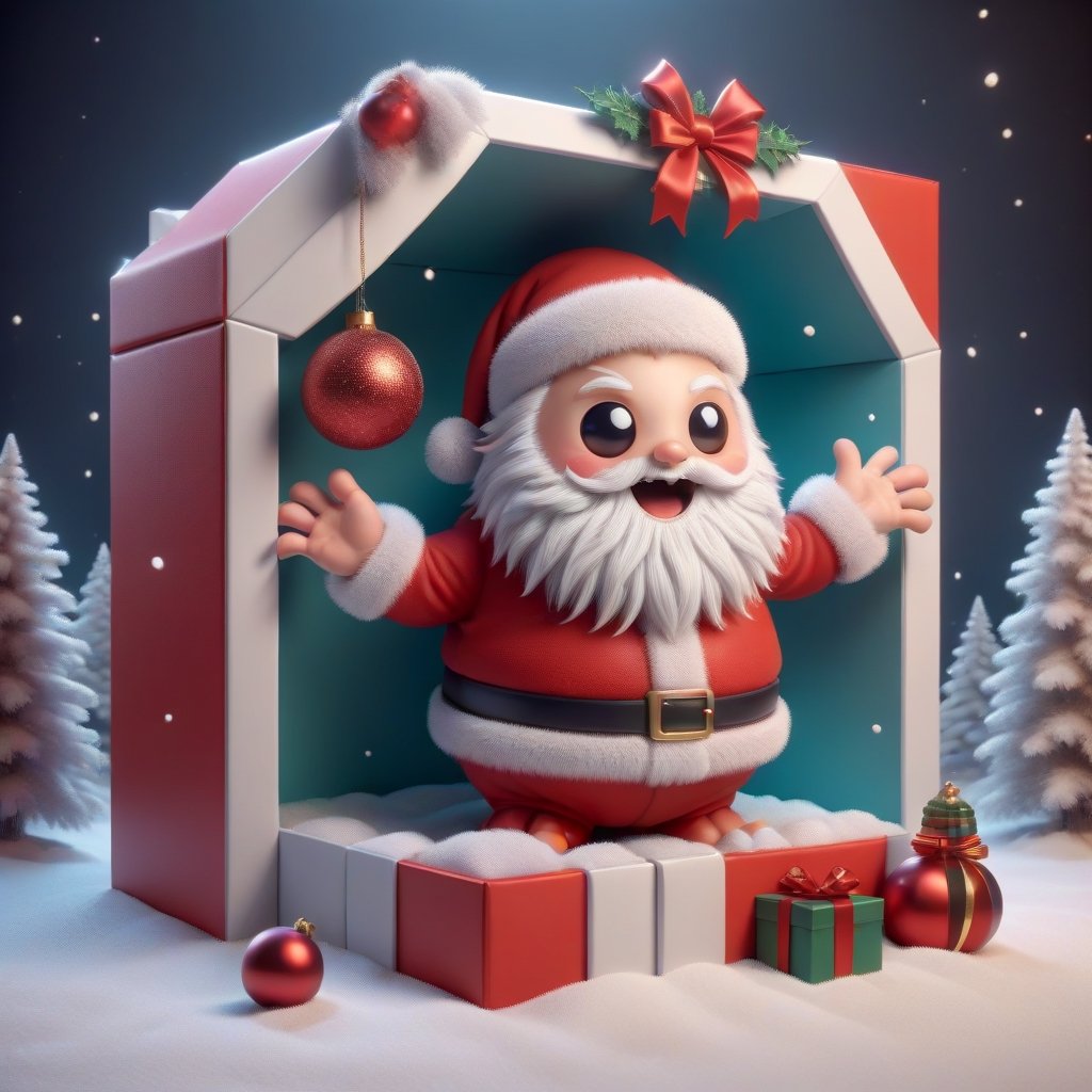 Santa Claus is waving inside a super-sized gift box.,<lora:659095807385103906:1.0>