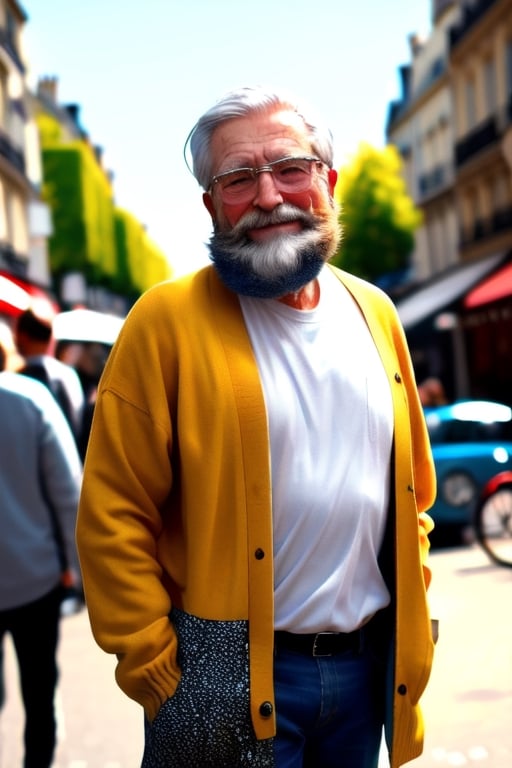 (masterpiece, best quality), old man, beard, blonde, oversized shirt, happy, street, holding camera, open cardigan, blurry, paris
