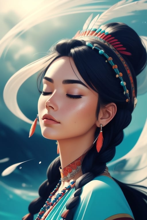 (full portrait, half shot), ((solo)), detailed background, detailed face, wise, (female), (indian, shaman, native american), headdress, mystical, long black hair, braids, (gorgeous face), head tilted upwards, (eyes closed, serene expression), calm, meditating, Seafoam Green frayed clothes, prayer beads, tribal jewelry, feathers, jade, obsidian, detailed clothing, realistic skin texture, (floating particles, water swirling, embers, ritual, whirlwind, wind), foreboding atmosphere, sharp focus, perfect lighting, perfect shading, volumetric lighting, good highlights, good shading, subsurface scattering, intricate, highly detailed, perfect body, (mature adult:1.37), ((cinematic)), dramatic, beautiful, gorgeous, stunning, (highest quality, award winning, masterpiece:1.35), , (comic style), (line art:1.35)
