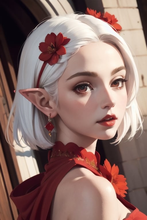 1girl, red flower, capelet, dress, drop earrings, sexy, earrings, elf, symmetry, solo, full face, white hair, perfect light, oil painting