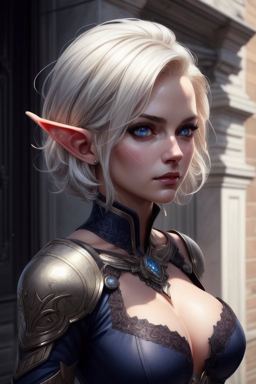 (masterpiece, sidelighting, finely detailed beautiful eyes: 1.2),1girl, breasts, detailed background, (breastplate), professional majestic oil painting, trending on ArtStation, trending on CGSociety, Intricate, High Detail, Sharp focus, dramatic, Elf Ears, ((white Hair)), (((short hair))), older, ((mature woman)), Elf, Drow, detailed eyes, intricate detail, stern expression, dark shadows, detailed shadows, ((mature_female)), Good eye, white pupils, clothes, (highly detailed, majestic), art by artgerm and ruan jia and greg rutkowski, outdoors
