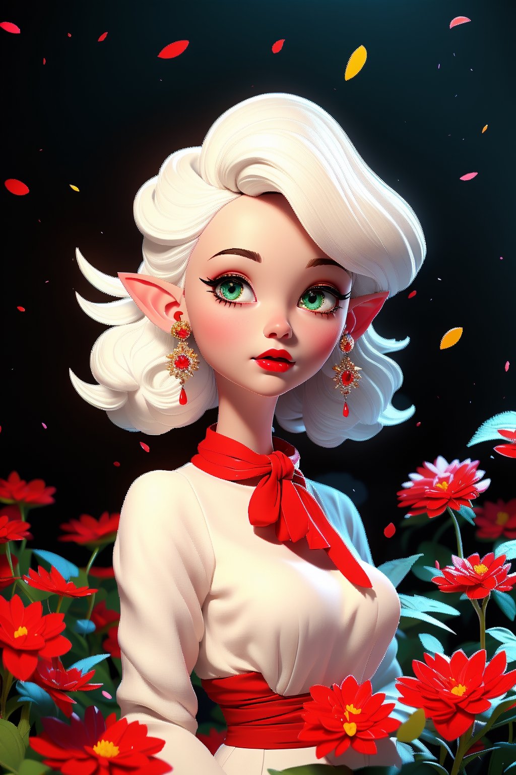 1girl, red flower, capelet, dress, drop earrings, earrings, elf, symmetry, solo, full face, white hair, perfect light, oil painting