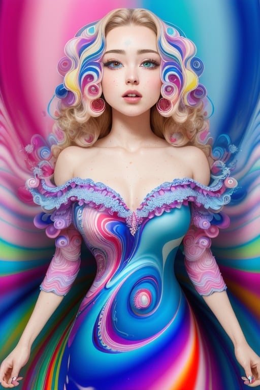 (masterpiece, best quality), 1girl, dress, wavy hair, lying, bare shoulders, blonde, jewelry, frills, (((intricate, pattern, psychedelic, surreal, abstract, swirl))), solo focus, heterochromia, splashing, vivid
