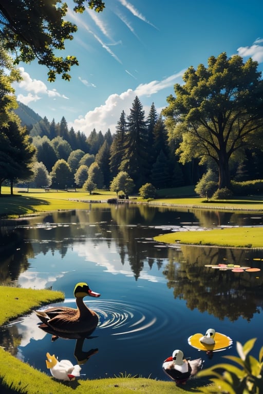 depiction of a strange looking duck creature, composition, moody, atmospheric, bright sunny day, playful, lush beautiful pond, 