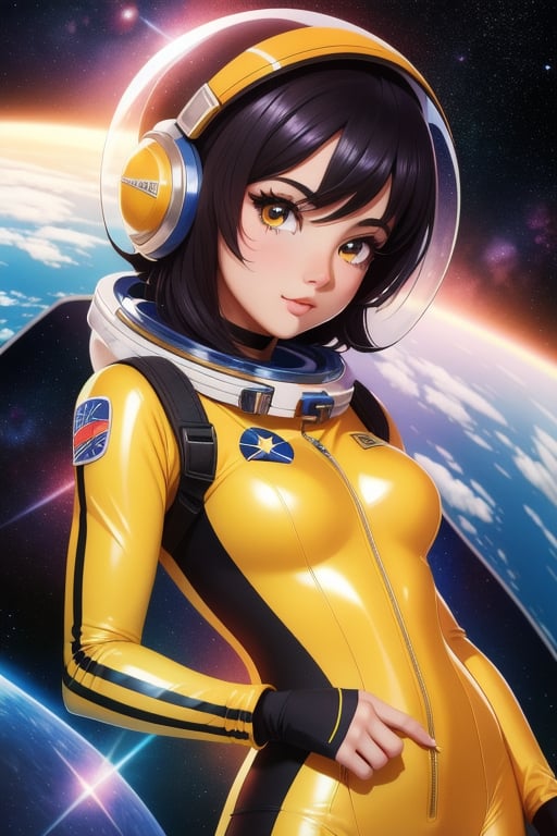 a girl, thunder yellow jacket, tight suit,Space helm of the 1960s,and the anime series G Force of the 1980s,Darf Punk wlop glossy skin, ultrarealistic sweet girl, space helm 60s, holographic, holographic texture, the style of wlop, space, 