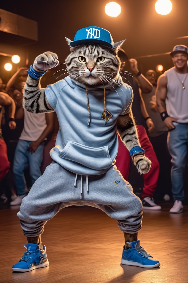 (photo style), (soft Ornate style), (HDR 8K) , ultra realisitic ,((photorealistic)) , strong muscles of a cool (cool and mischievous (cat) dressed as hip hop with cap and baggy clothes) half-length (breakdancing), mischievous smile , (photorealistic environment with there is public watching), (cinema lighting), (flashing lighting), (highly detailed bacgroung)
, Movie Still