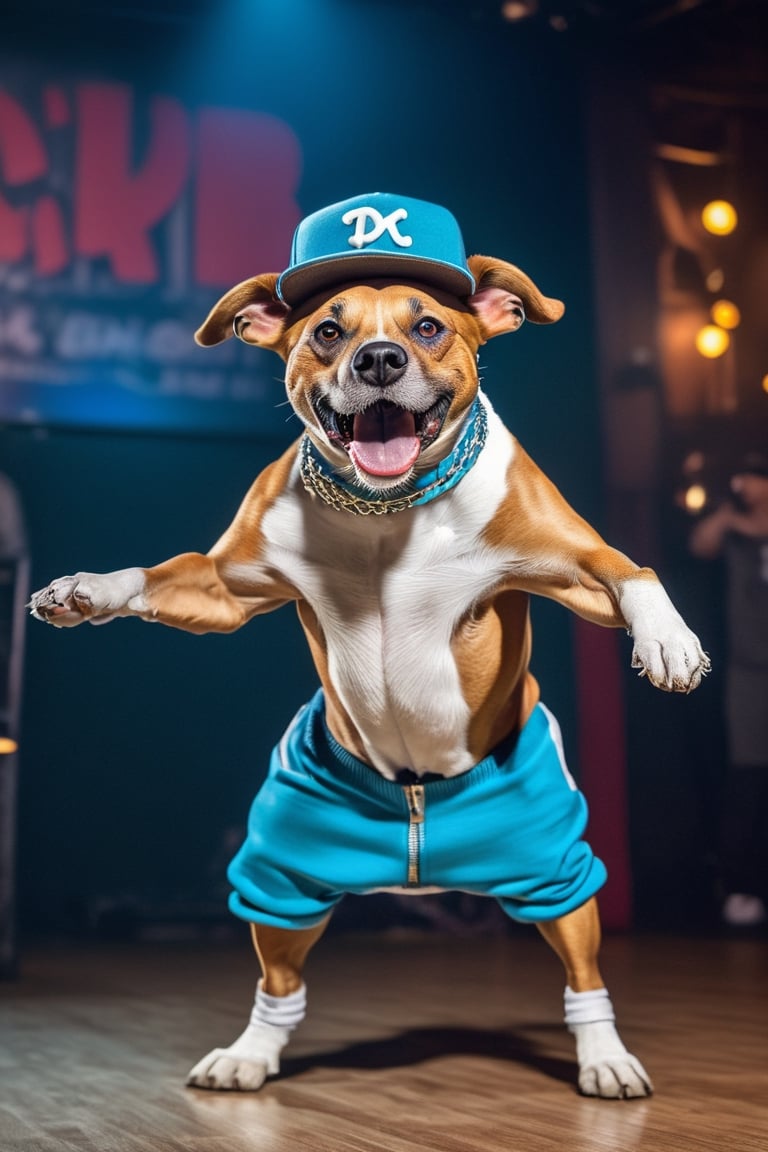 (photo style), (soft Ornate style), (HDR 8K) , ultra realisitic ,((photorealistic)) , strong muscles of a cool (cool and mischievous (dog) dressed as rapper with cap and baggy clothes) half-length (breakdancing), mischievous smile , (photorealistic environment with there is public watching), (cinema lighting), (flashing lighting), (highly detailed bacgroung)
, Movie Still