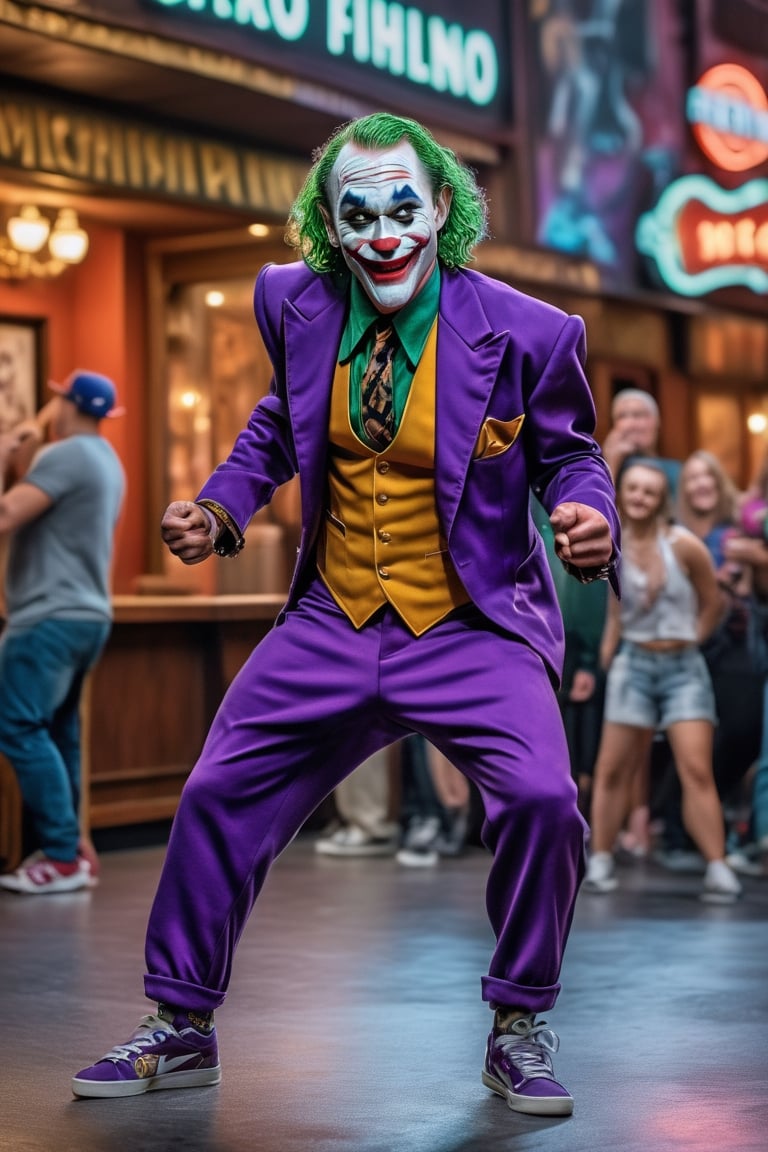 (photo style), (soft Ornate style), (HDR 8K) , ultra realisitic ,((photorealistic)) , strong muscles of a cool (cool and mischievous (Joker) dressed as rockstar with cap and baggy clothes) half-length (breakdancing), mischievous smile , (photorealistic environment with there is public watching), (cinema lighting), (flashing lighting), (highly detailed bacgroung)
, Movie Still