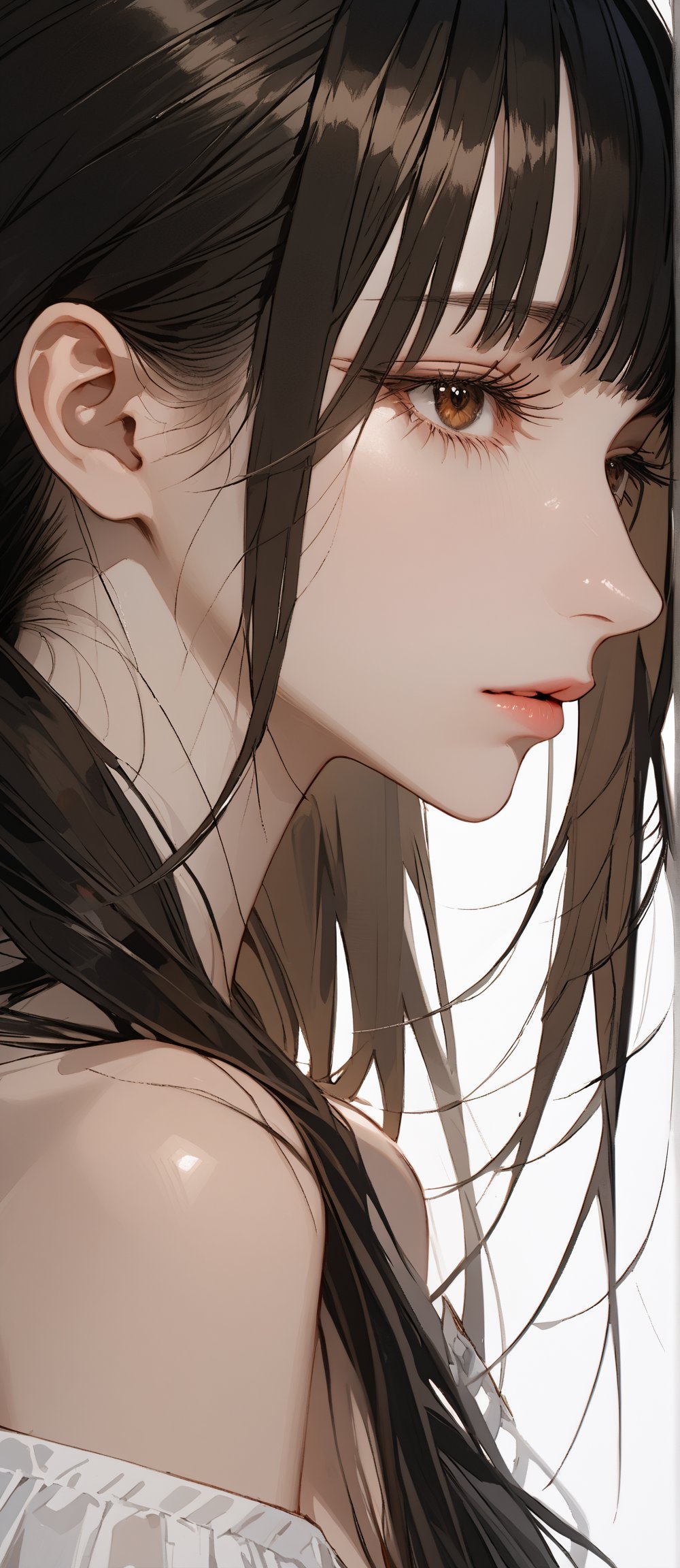 SCORE_9, SCORE_8_UP, SCORE_7_UP, SCORE_6_UP,

MASTERPIECE, BEST QUALITY, HIGH QUALITY, 
HIGHRES, ABSURDRES,
INTRICATE DETAILS, ULTRA-DETAILED,
NEWEST, AESTHETIC,

1girl, profile, ponytail, solo, lips, eyelashes, long_hair, bare_shoulders, from_side, upper_body, cleavage, black_hair, nose, closed_mouth, looking_away, bangs, black_eyes, half-closed_eyes, parted_lips, shirt, brown_eyes, collarbone, brown_hair, off_shoulder, sidelocks,