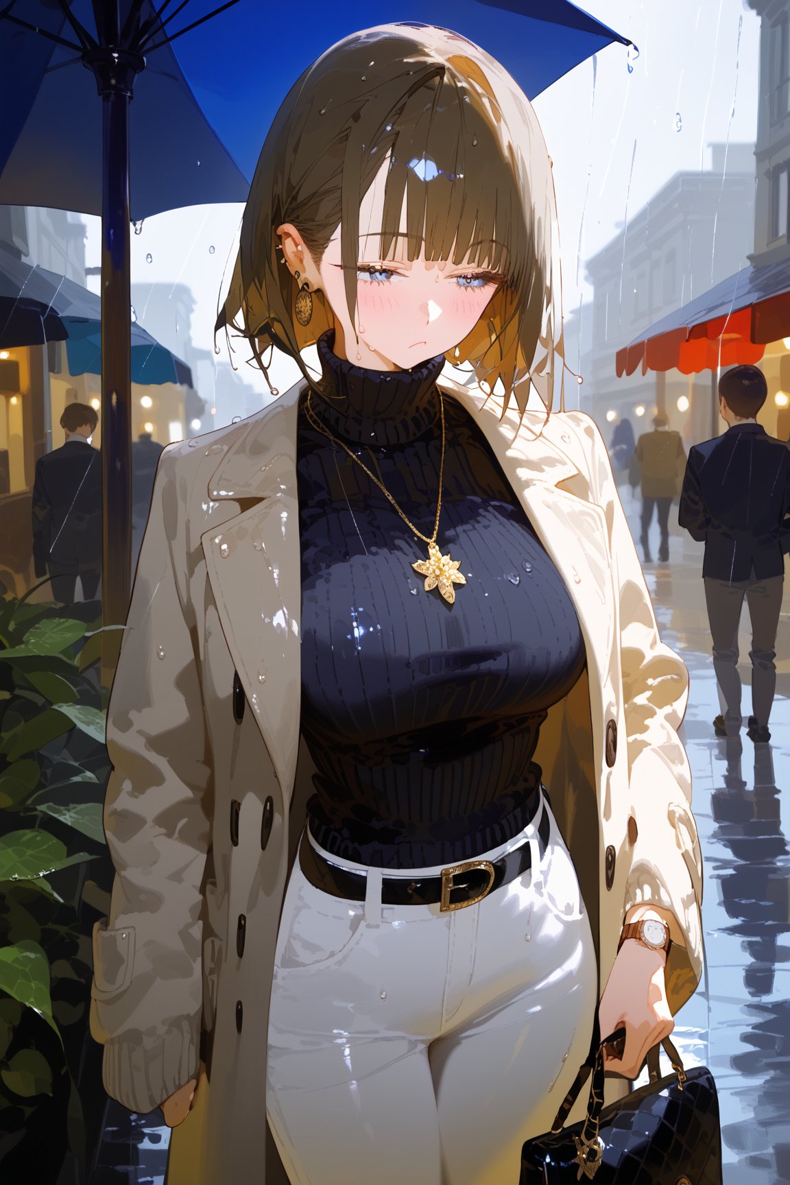 SCORE_9, SCORE_8_UP, SCORE_7_UP, SCORE_6_UP,

MASTERPIECE, BEST QUALITY, HIGH QUALITY, 
HIGHRES, ABSURDRES, PERFECT COMPOSITION,
INTRICATE DETAILS, ULTRA-DETAILED,
PERFECT FACE, PERFECT EYES,
NEWEST, AESTHETIC,

1girl, breasts, black_hair, blurry_background, sweater, rain, short_hair, solo, blurry, large_breasts, blush, outdoors, turtleneck, bangs, pants, blue_eyes, closed_mouth, coat, looking_away, jewelry, handbag, standing, turtleneck_sweater, bag, ribbed_sweater, long_sleeves, eyebrows_visible_through_hair, belt, jacket, huge_breasts, depth_of_field, black_sweater, half-closed_eyes, holding, cowboy_shot, watch, looking_at_viewer, wristwatch, white_pants, earrings, necklace, looking_to_the_side, book, brown_jacket, pout, grey_pants, holding_phone, phone, jacket_on_shoulders, brown_coat, sweat, holding_bag, denim, soaked, wet_clothing, raining, wet, big_hips,