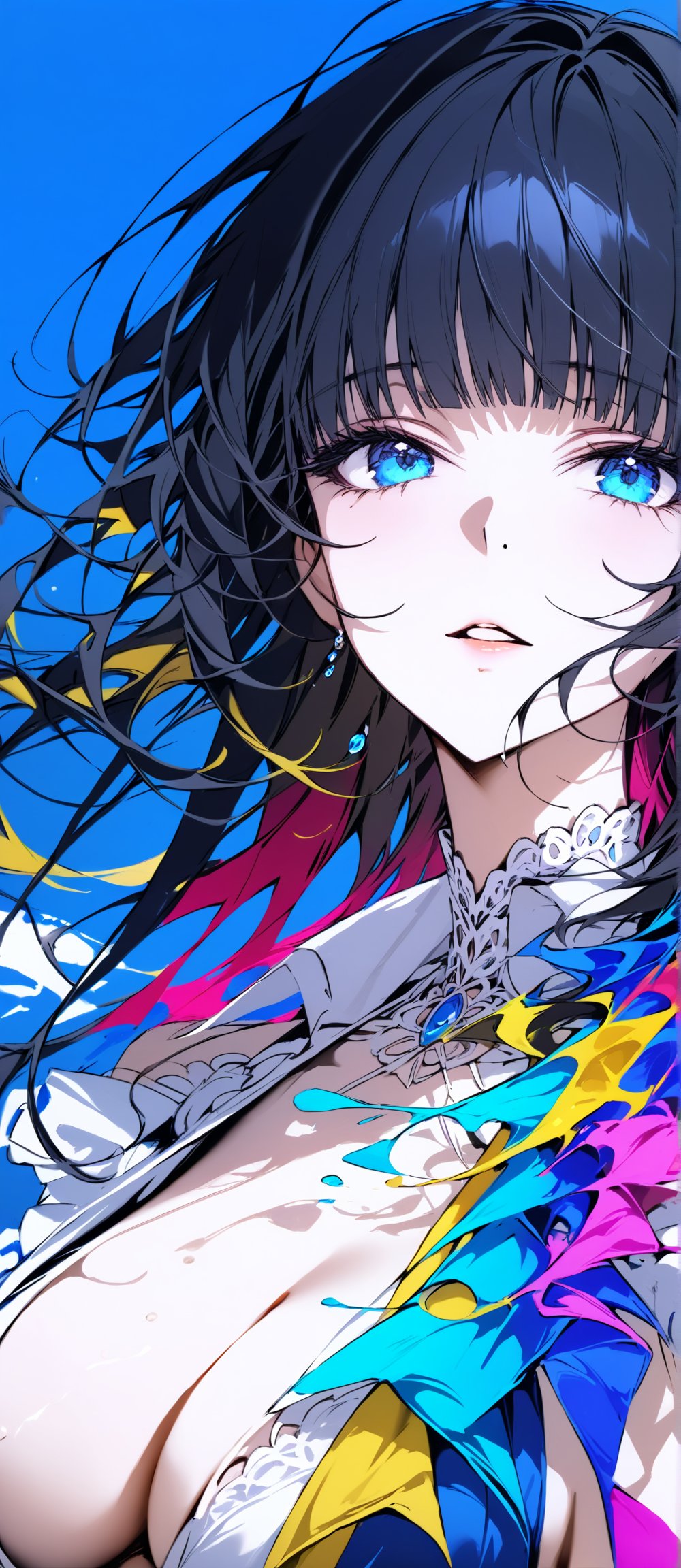 SCORE_9, SCORE_8_UP, SCORE_7_UP, SCORE_6_UP,

MASTERPIECE, BEST QUALITY, HIGH QUALITY, 
HIGHRES, ABSURDRES,
INTRICATE DETAILS, ULTRA-DETAILED,
NEWEST, AESTHETIC,

1girl, solo, bangs, simple background, parted lips, blue background, portrait, colorful, color art, color chaos, Color Splash